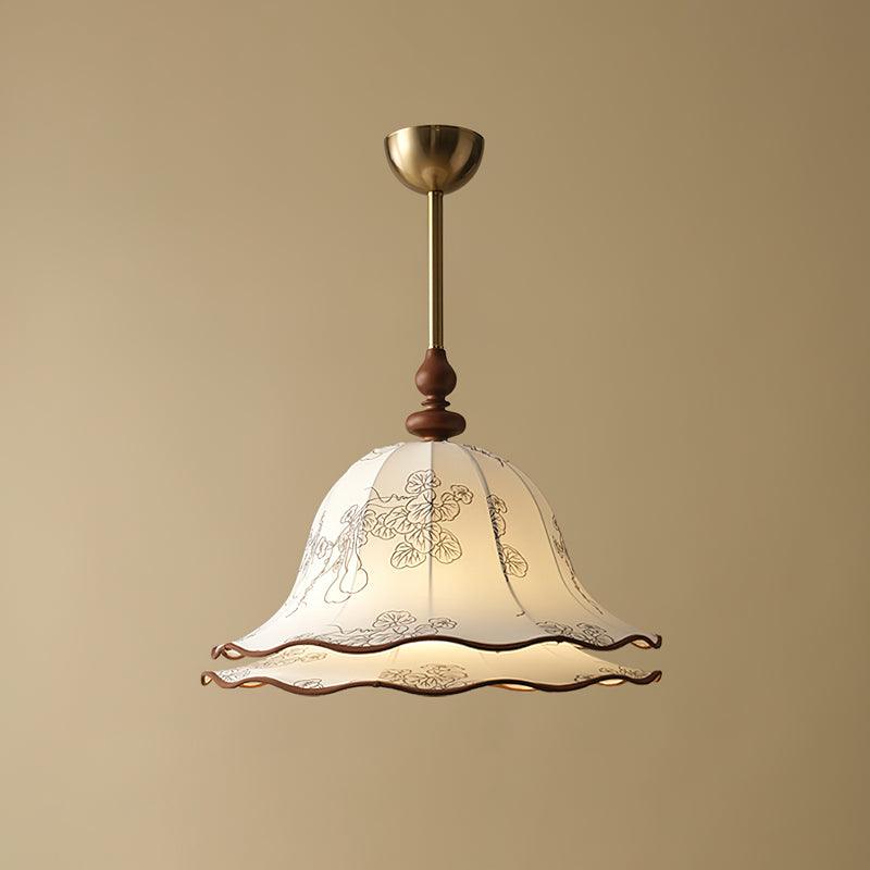 Pendant Light Wood Cloth Metal 9.8 in White Gold Wavy Floral Shade Dining Kitchen Vintage | Thomler