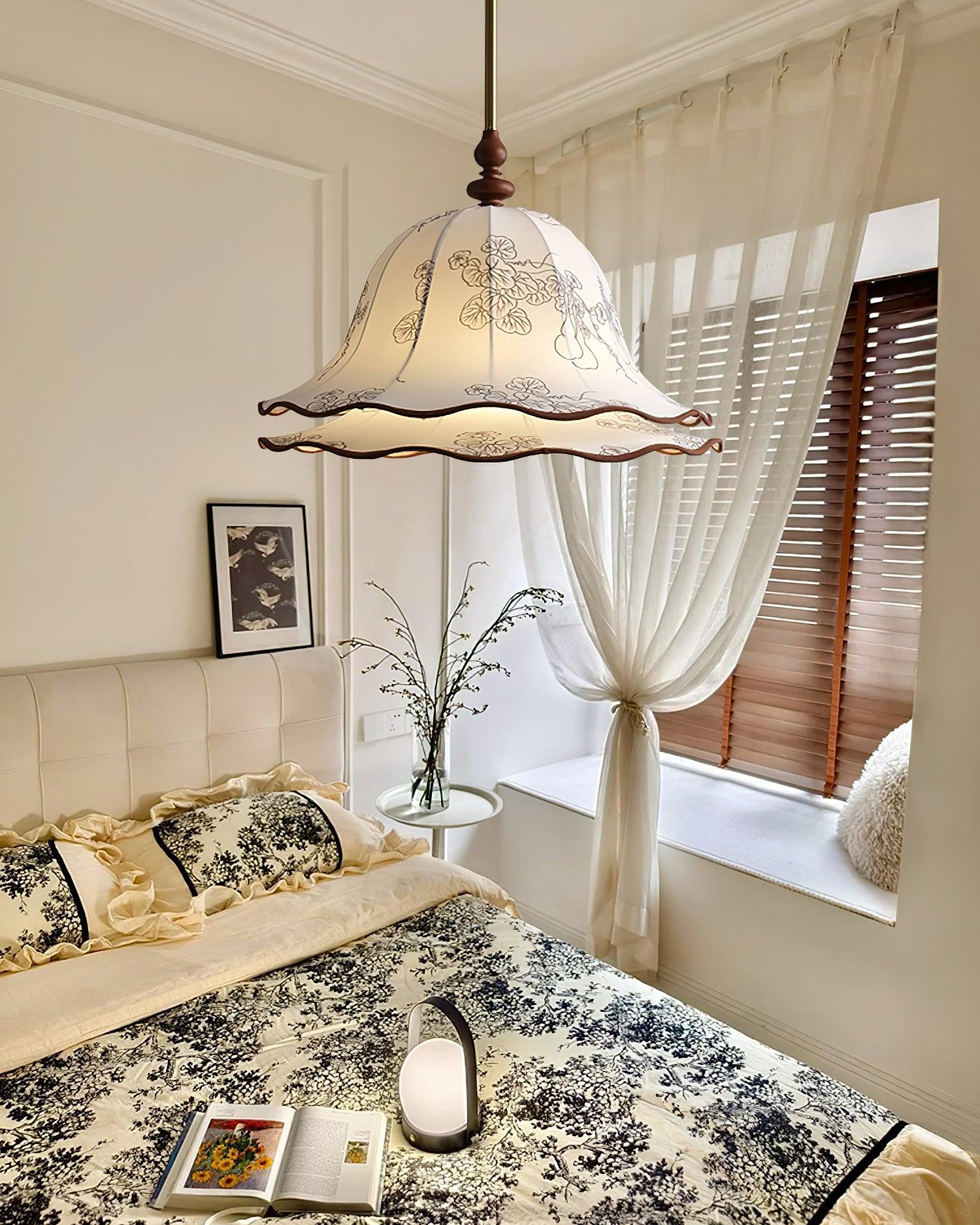 Pendant Light Wood Cloth Metal 9.8 in White Gold Wavy Floral Shade Dining Kitchen Vintage | Thomler