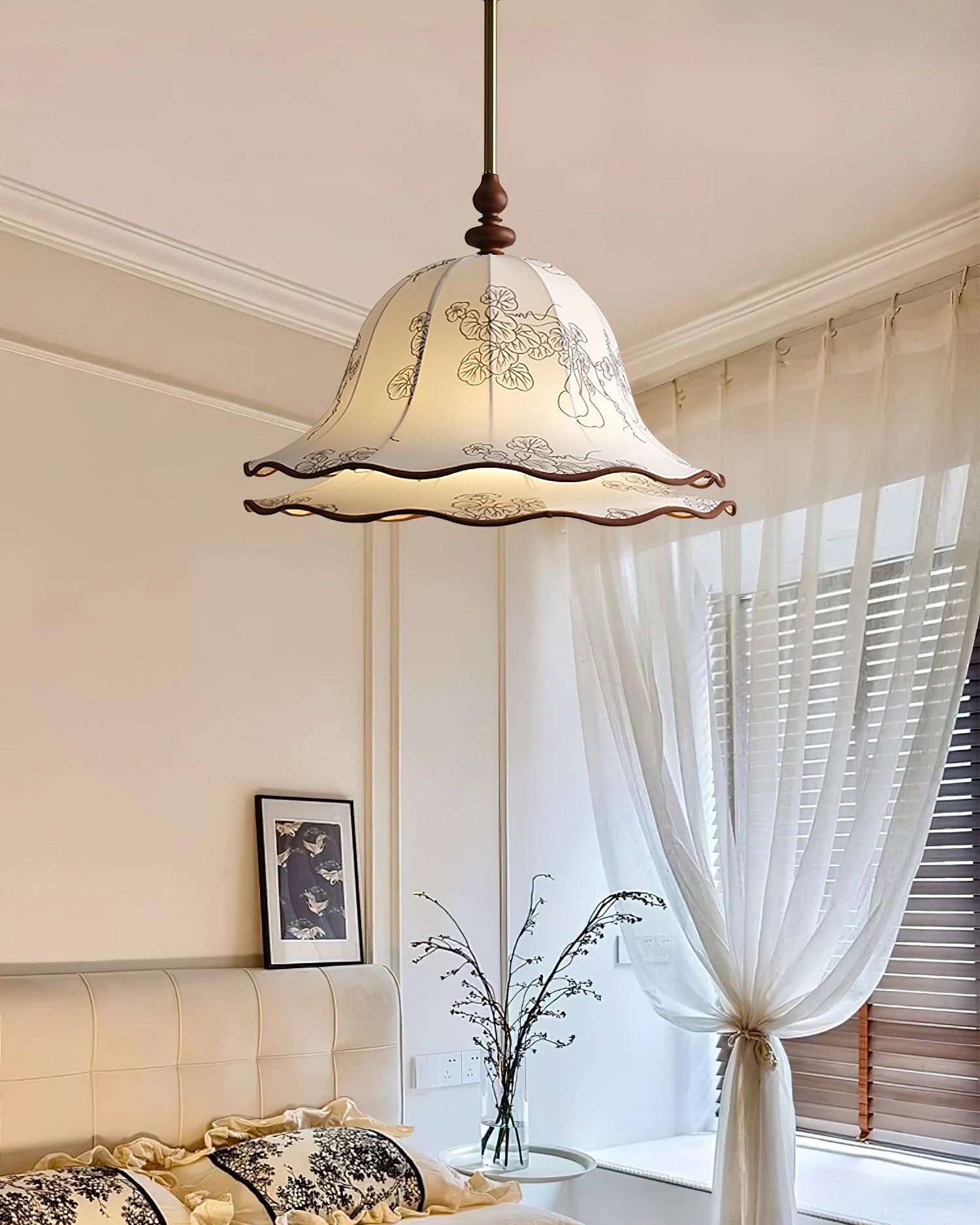 Pendant Light Wood Cloth Metal 9.8 in White Gold Wavy Floral Shade Dining Kitchen Vintage | Thomler
