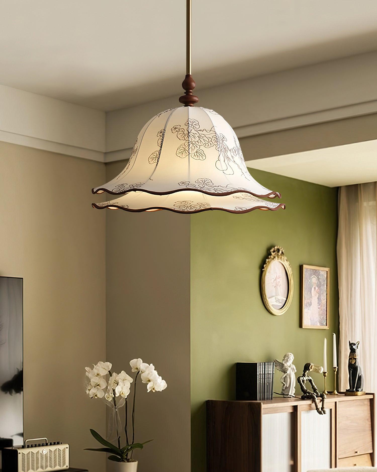 Pendant Light Wood Cloth Metal 9.8 in White Gold Wavy Floral Shade Dining Kitchen Vintage | Thomler