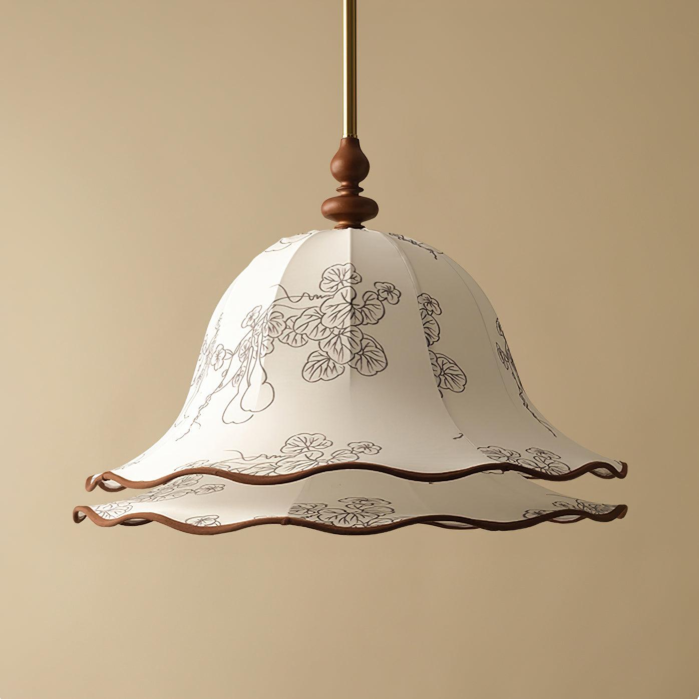 Pendant Light Wood Cloth Metal 9.8 in White Gold Wavy Floral Shade Dining Kitchen Vintage | Thomler