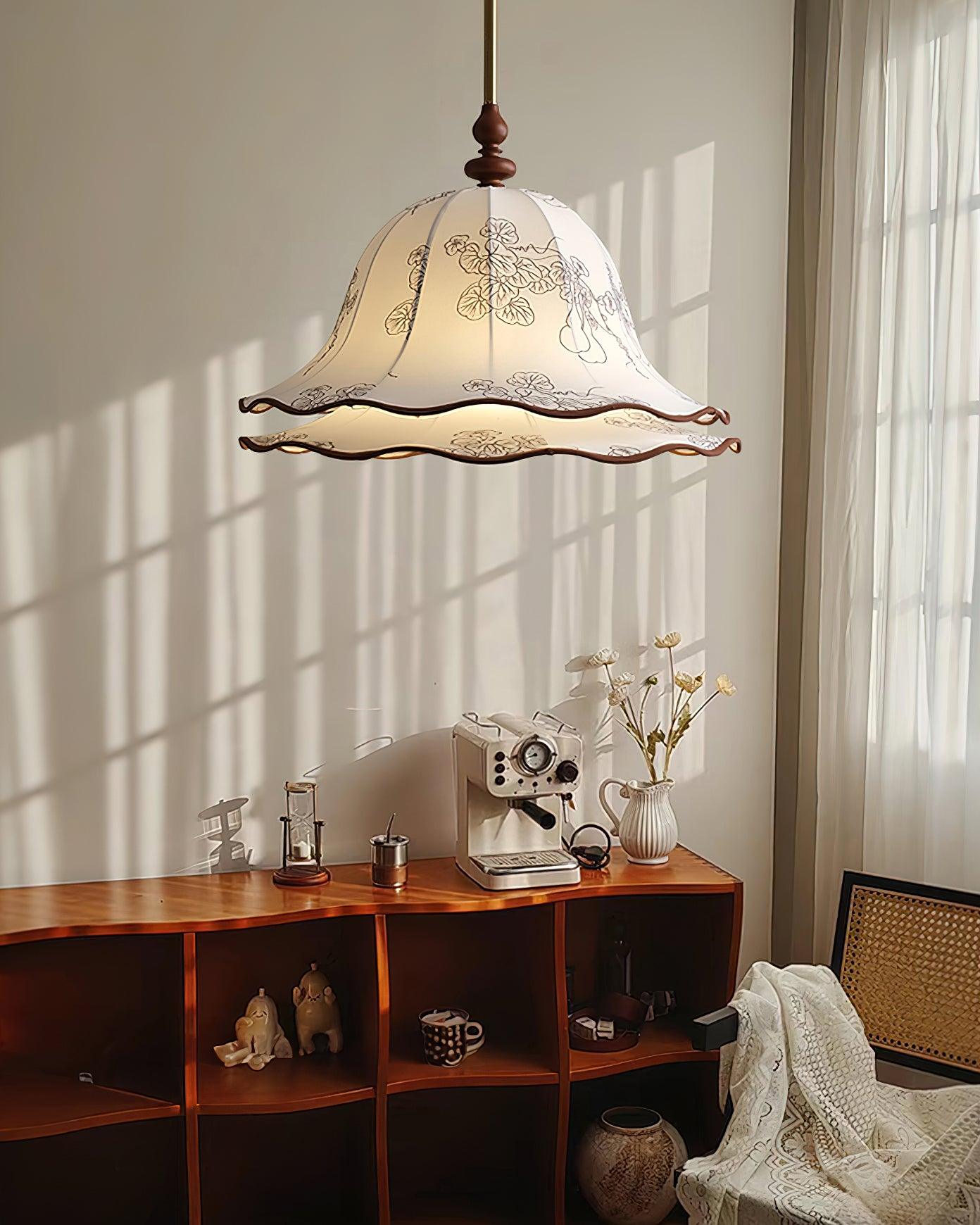 Pendant Light Wood Cloth Metal 9.8 in White Gold Wavy Floral Shade Dining Kitchen Vintage | Thomler