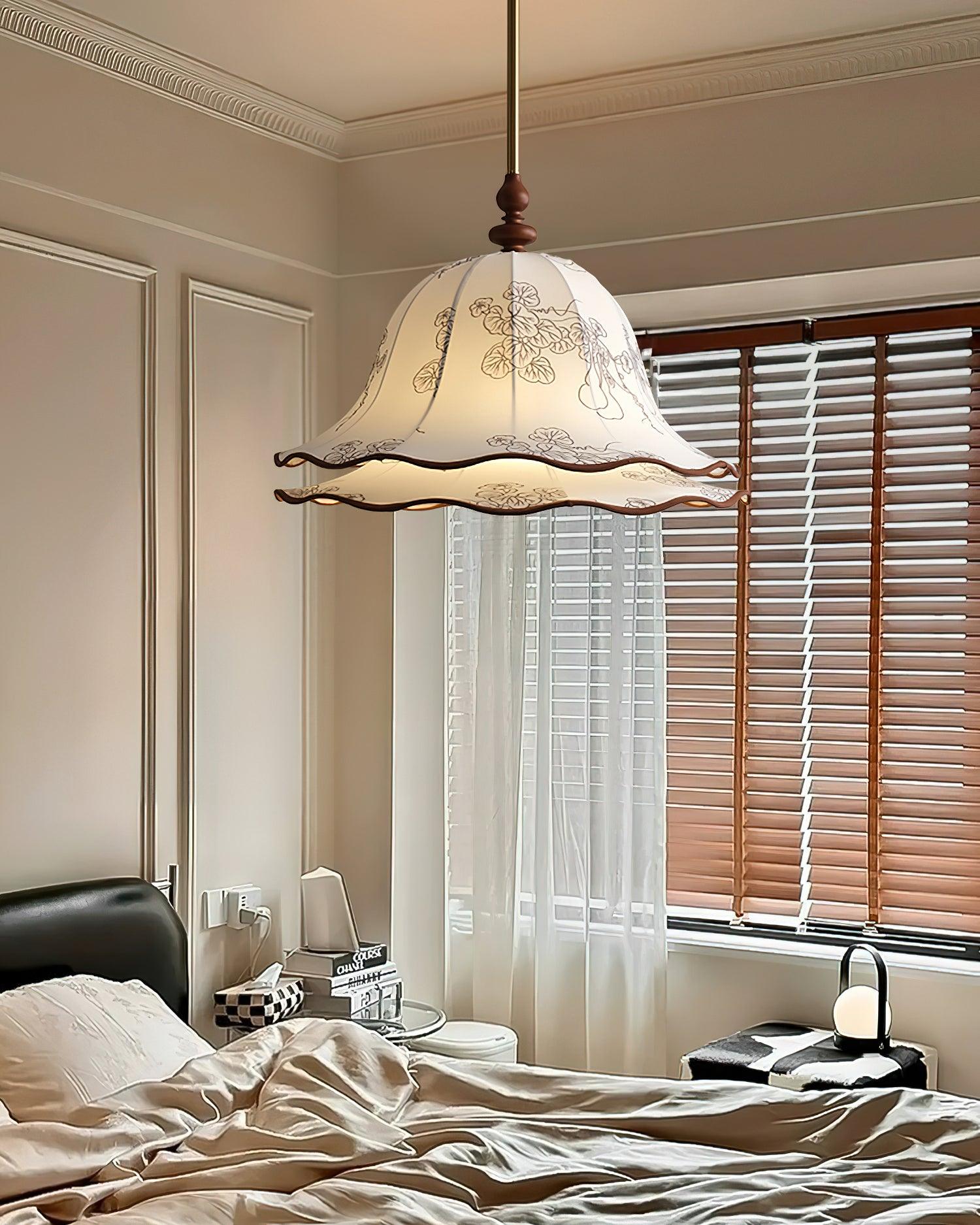 Pendant Light Wood Cloth Metal 9.8 in White Gold Wavy Floral Shade Dining Kitchen Vintage | Thomler