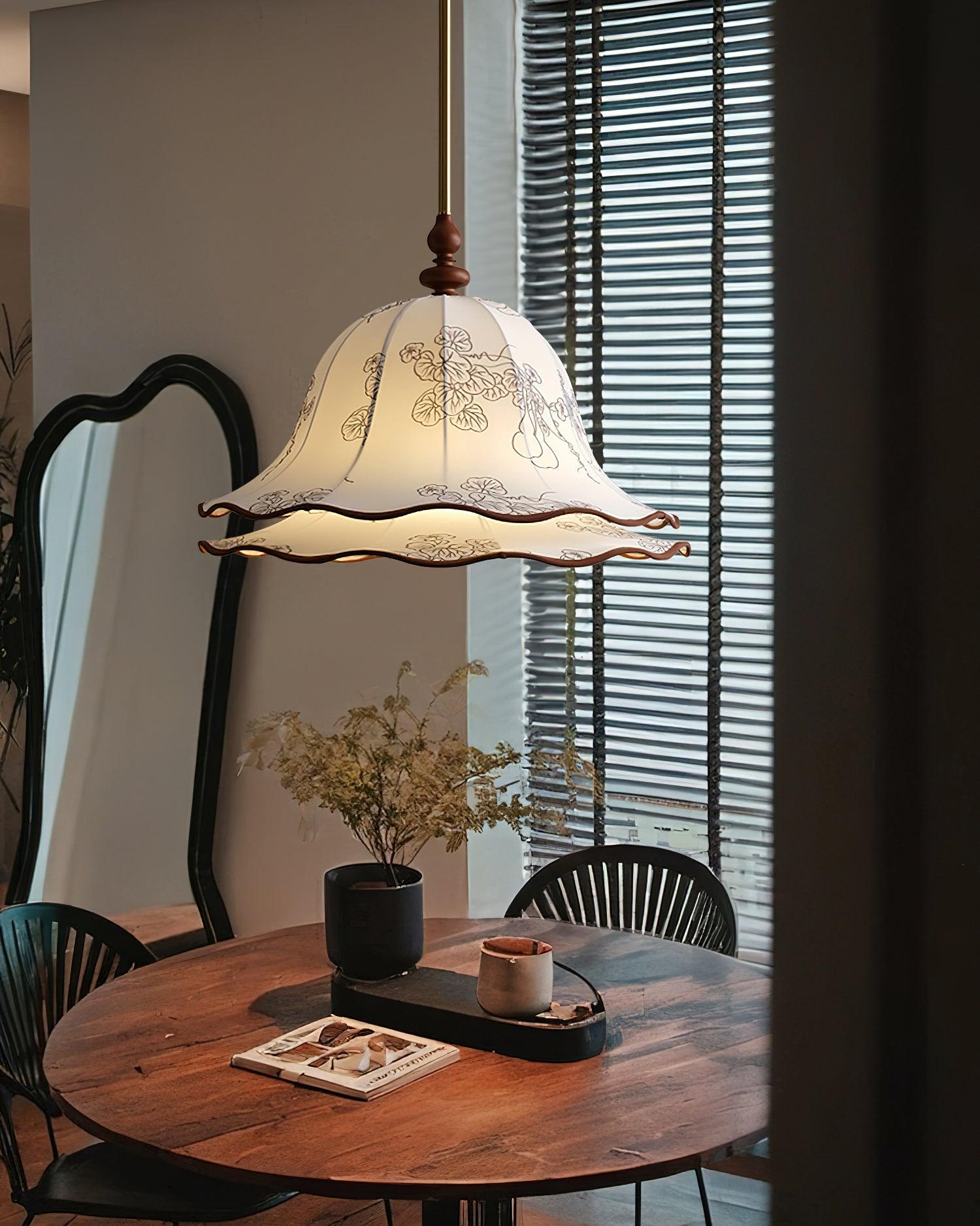 Pendant Light Wood Cloth Metal 9.8 in White Gold Wavy Floral Shade Dining Kitchen Vintage | Thomler