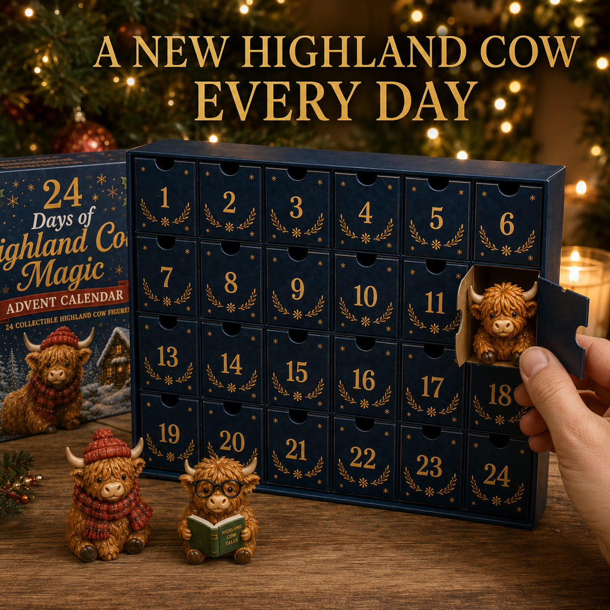Highland Cow Advent Calendar – 24-Day Christmas Countdown with Collectible Miniatures for Holiday Decoration | Thomler