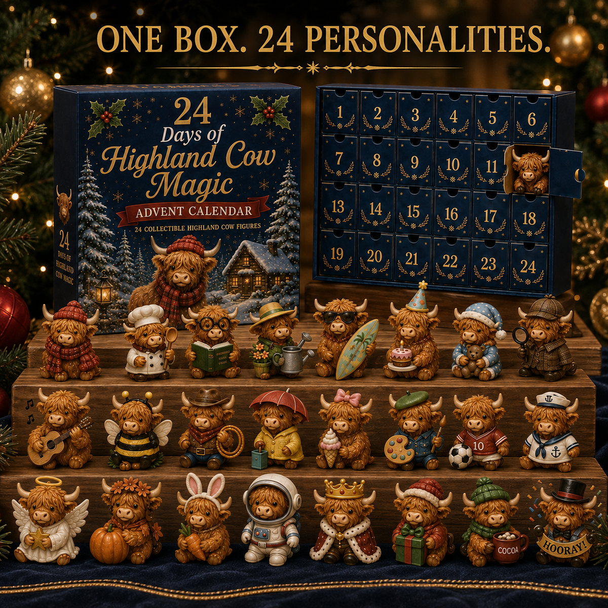 Highland Cow Advent Calendar – 24-Day Christmas Countdown with Collectible Miniatures for Holiday Decoration | Thomler