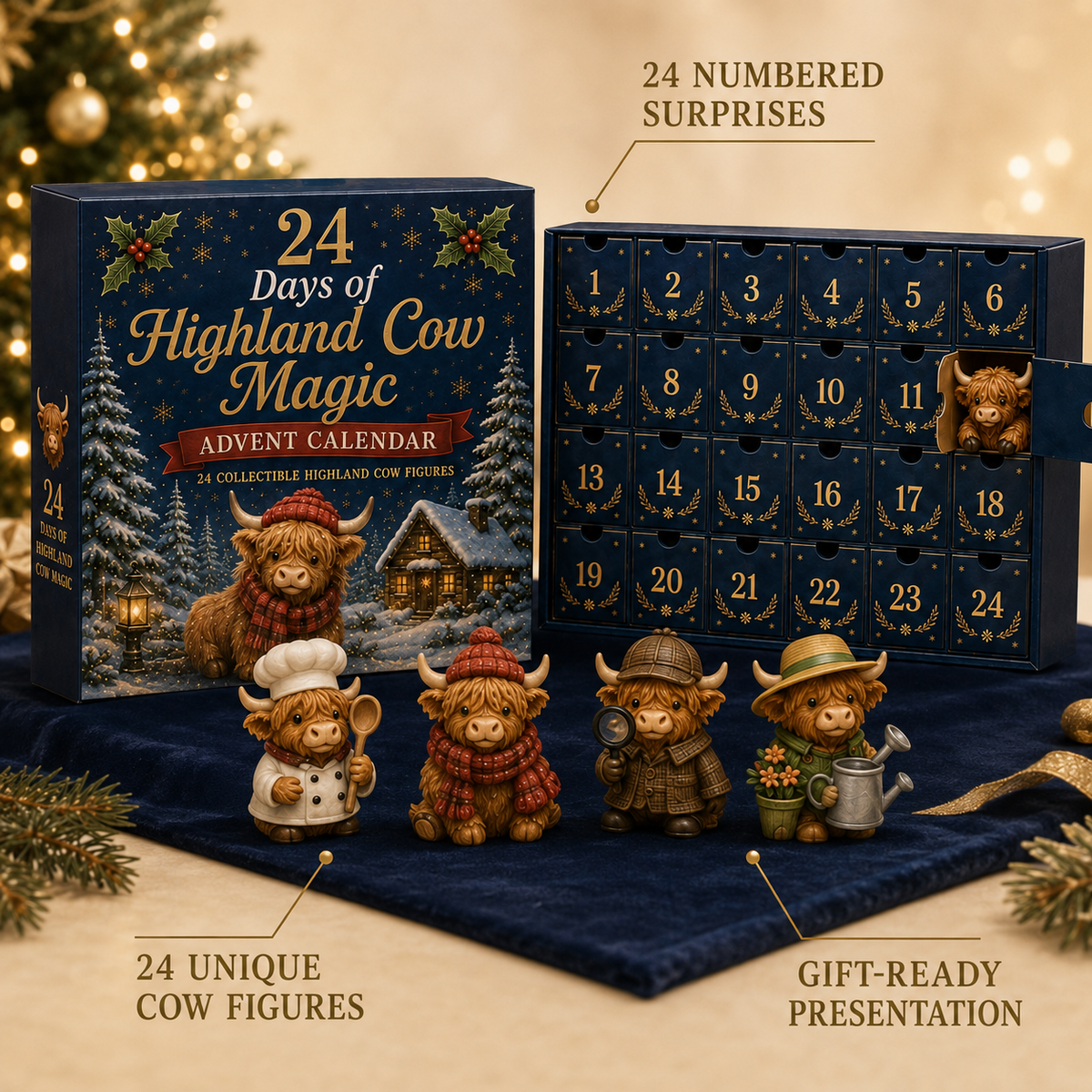 Highland Cow Advent Calendar – 24-Day Christmas Countdown with Collectible Miniatures for Holiday Decoration | Thomler