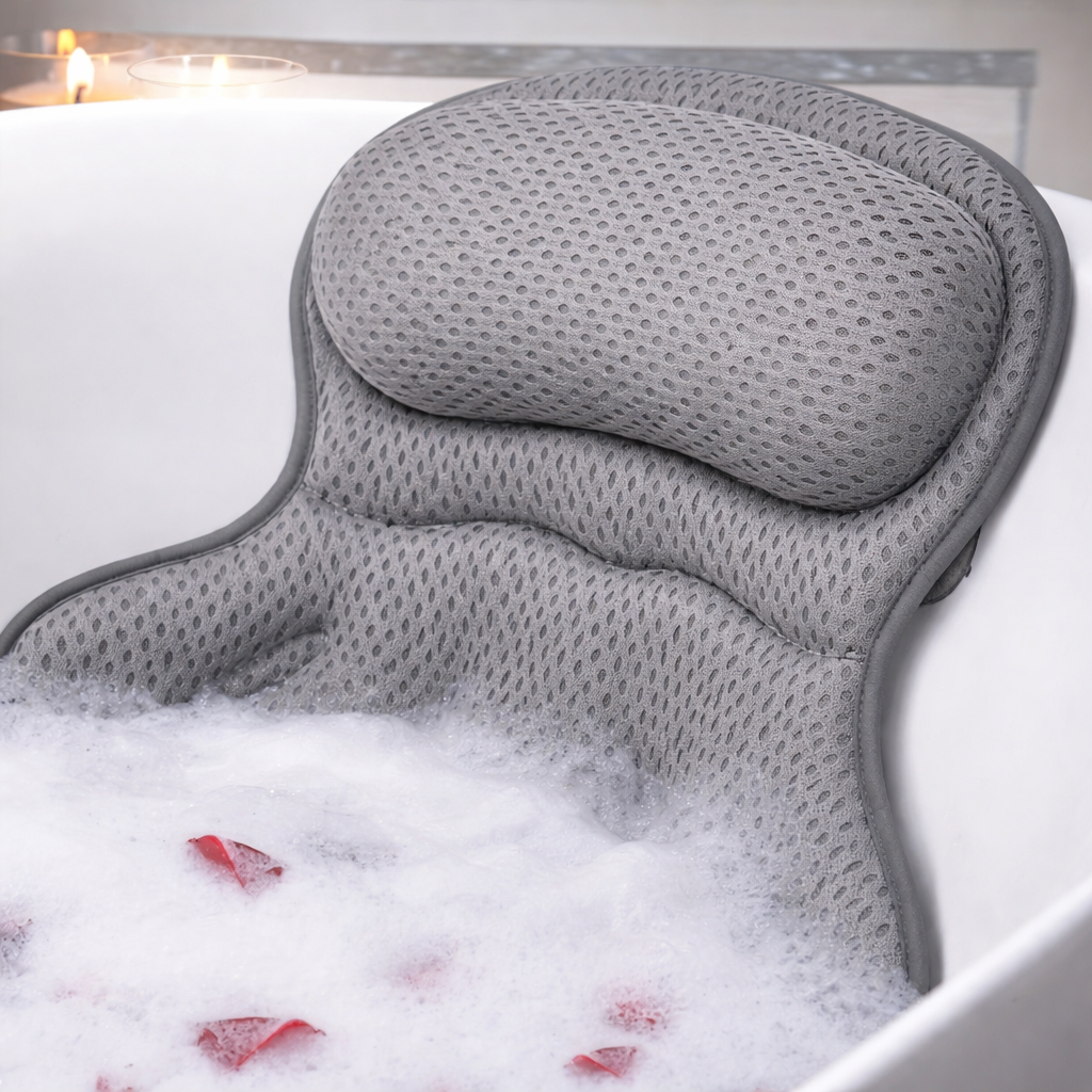 Spa Bath Pillow with Neck and Back Support – 4D Air Mesh Cushion with Suction Cups for Bathtub Relaxation | Thomler