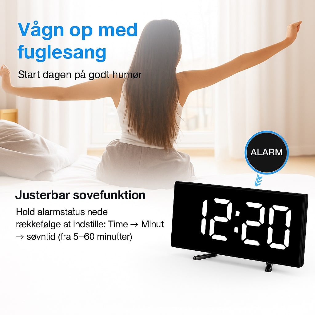 Alarm Clock LED Curved Display 17.0 cm USB Bedroom Bedside Digital Desk Clock Large Screen | Thomler