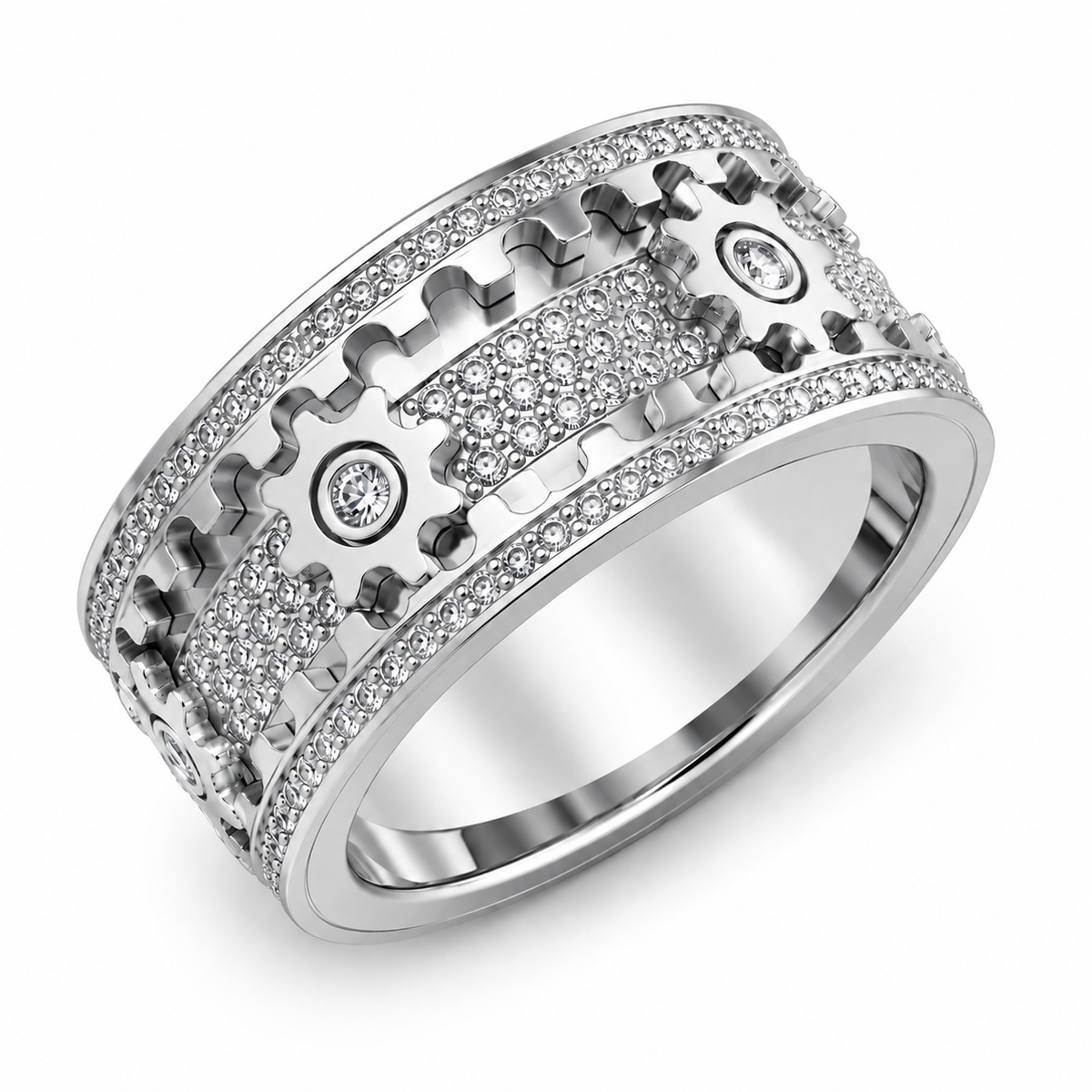 Rotating Gear Ring with 6 Moving Cogs – Stainless Steel Fidget Spinner Ring with Cubic Zirconia Stones for Focus & Stress Relief | Thomler