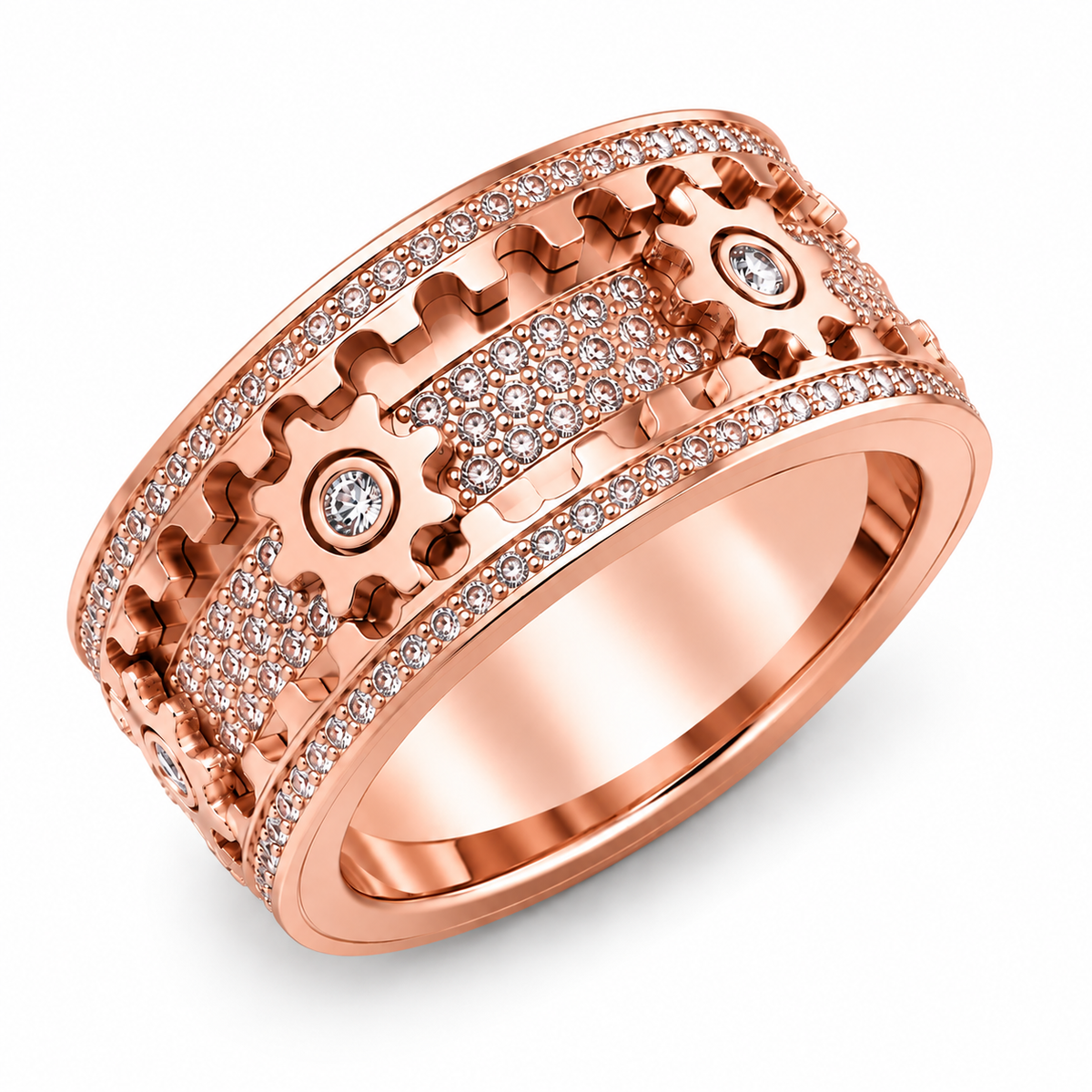 Rotating Gear Ring with 6 Moving Cogs – Stainless Steel Fidget Spinner Ring with Cubic Zirconia Stones for Focus & Stress Relief | Thomler