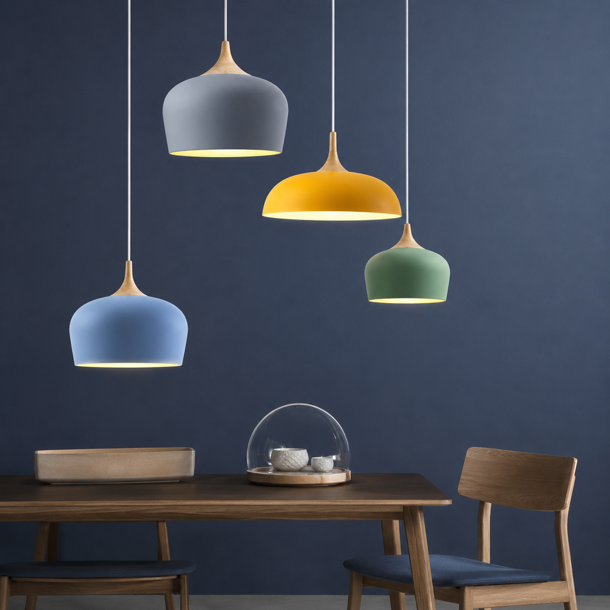 Dome Pendant Light with Adjustable Cord – Aluminum & Wood Accent for Dining Room, Kitchen Island & Reading Nook | Thomler