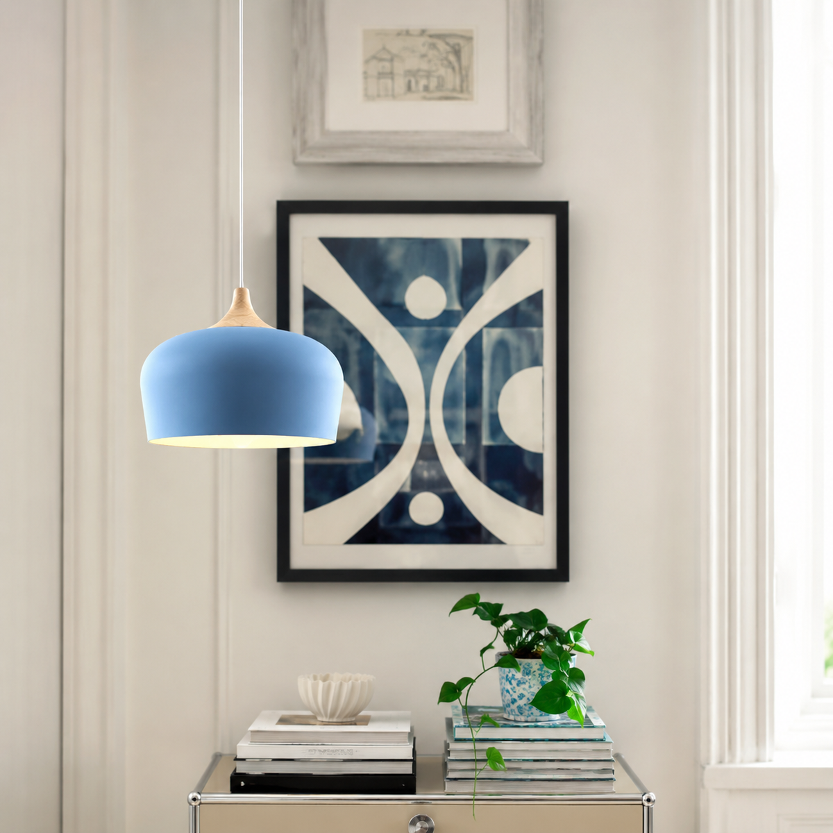 Dome Pendant Light with Adjustable Cord – Aluminum & Wood Accent for Dining Room, Kitchen Island & Reading Nook | Thomler