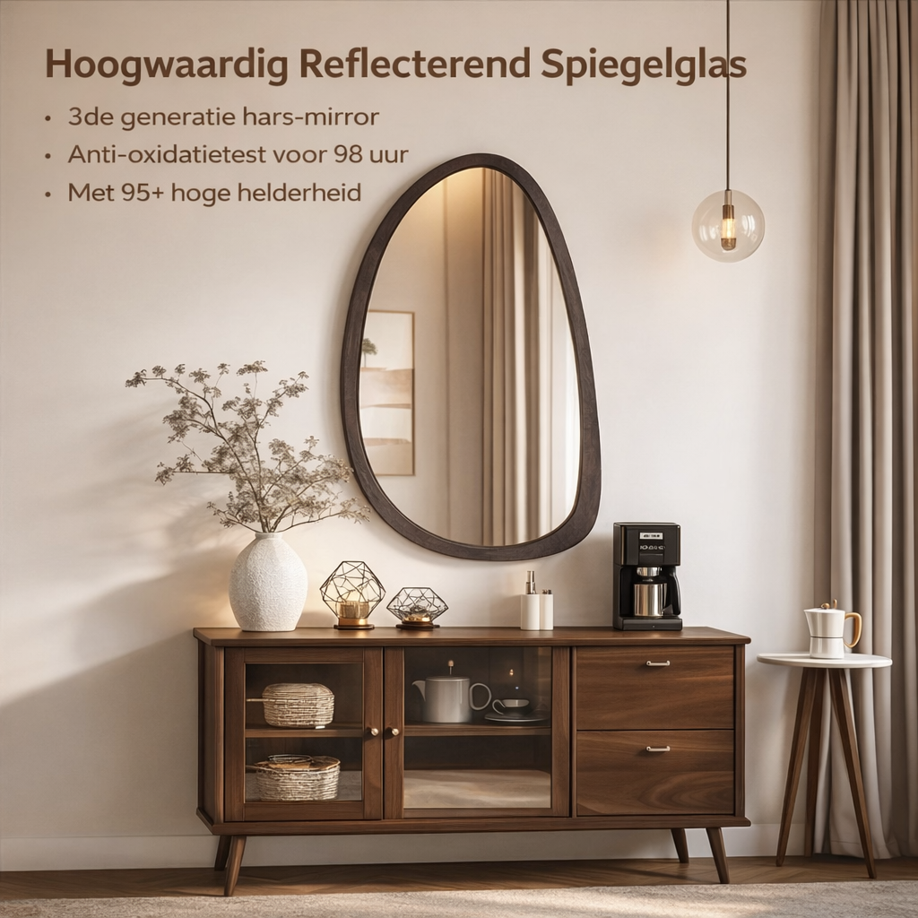 Wall Mirror Rubberwood 50.0 cm x 70.0 cm Black Walnut Japandi Bedroom Hallway Organic Asymmetrical Decorative Mirror | Thomler