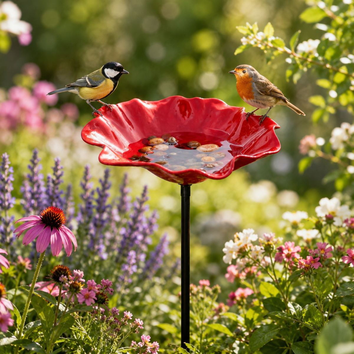 Metal Flower Stake Bird Bath for Garden, Yard & Patio – Decorative Pollinator Watering Station in 6 Colors | Thomler