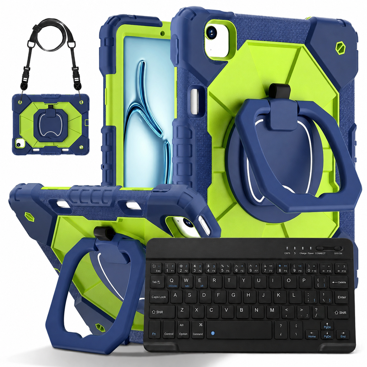 Heavy-Duty iPad Case with Rotating Grip, Kickstand, Shoulder Strap & Wireless Keyboard — Three-Layer Protection for Mac & PC Users | Thomler