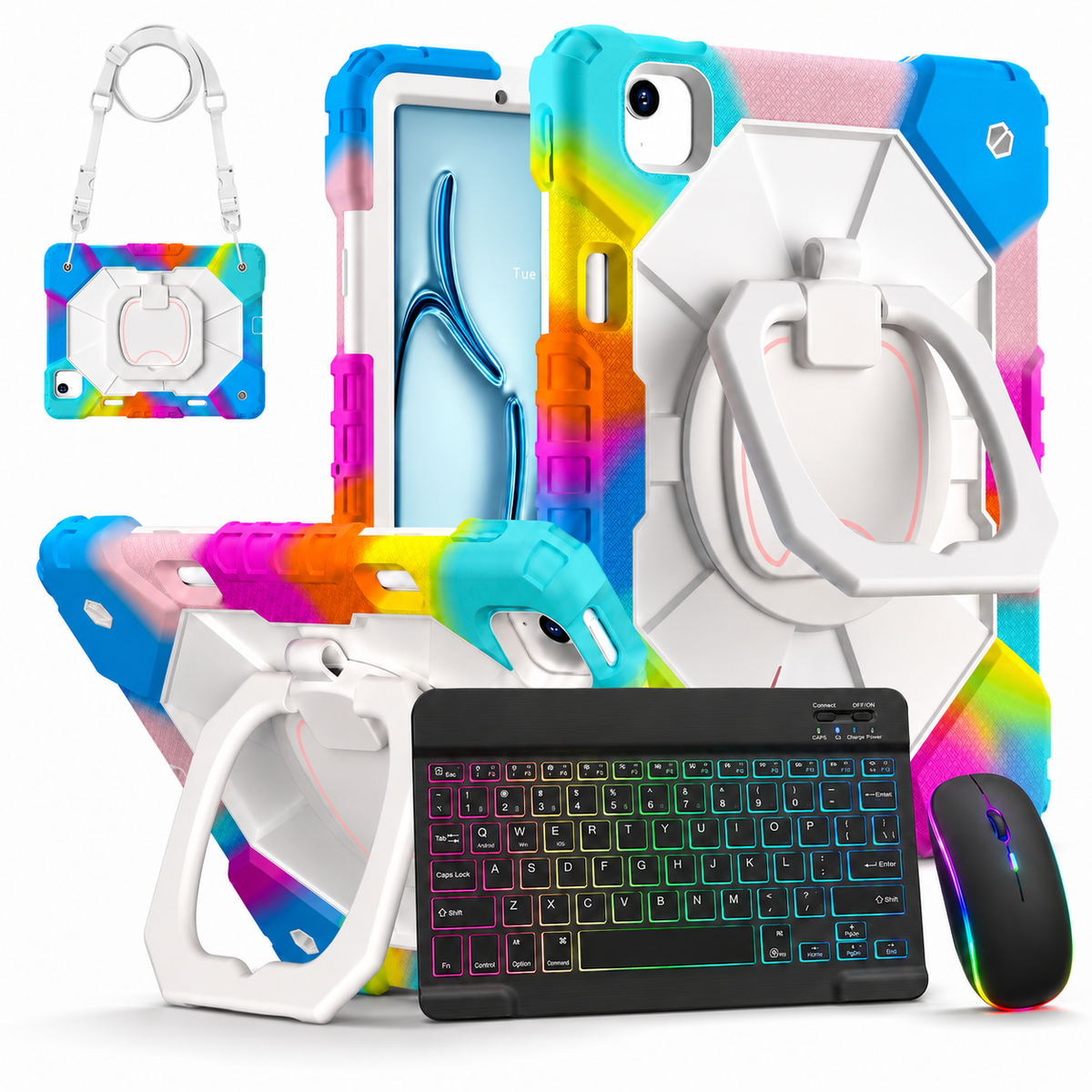 Rugged iPad Case with Backlit Wireless Keyboard & Mouse Bundle – Rotating Ring Grip, Kickstand, Shoulder Strap & Apple Pencil Slot for | Thomler