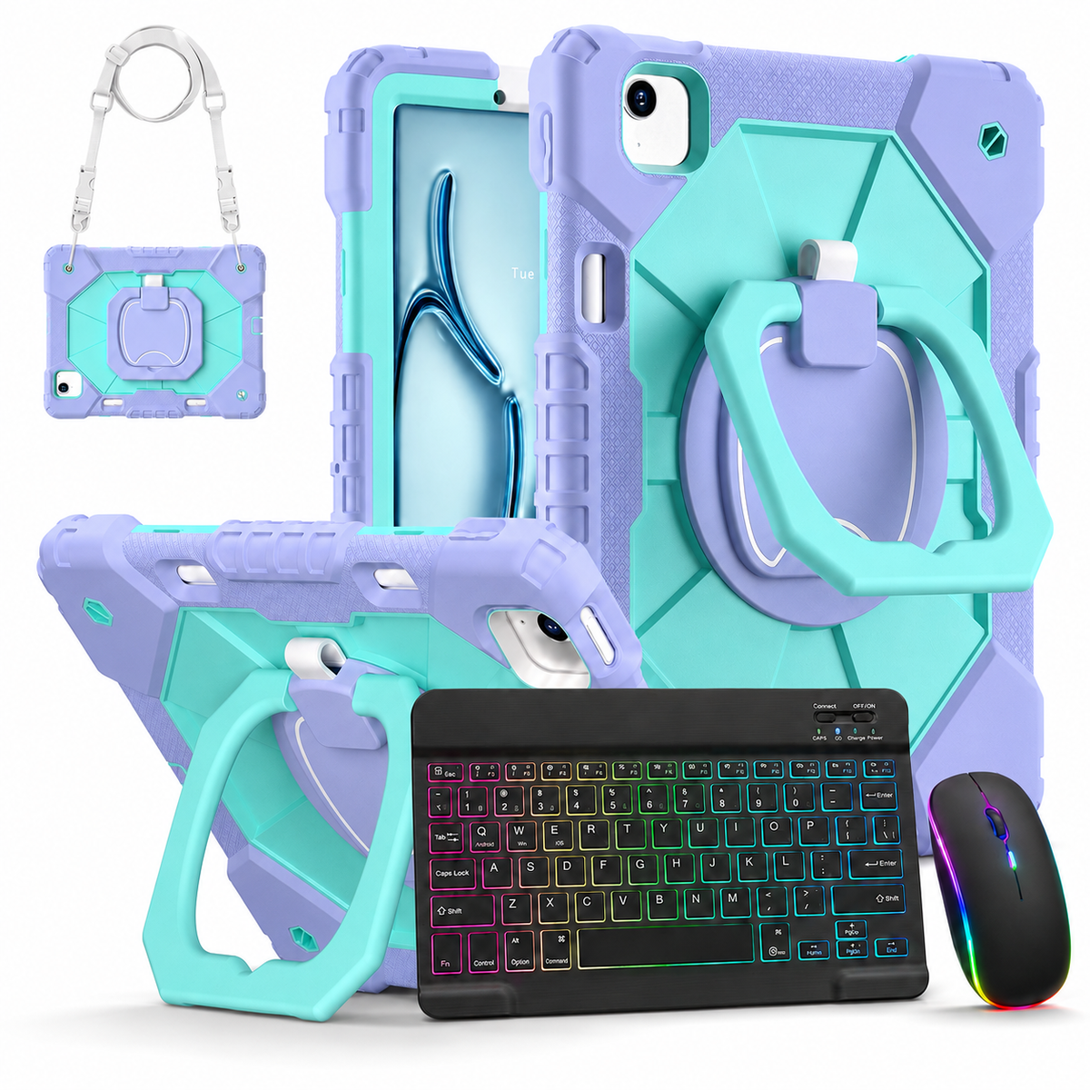 Rugged iPad Case with Backlit Wireless Keyboard & Mouse Bundle – Rotating Ring Grip, Kickstand, Shoulder Strap & Apple Pencil Slot for | Thomler