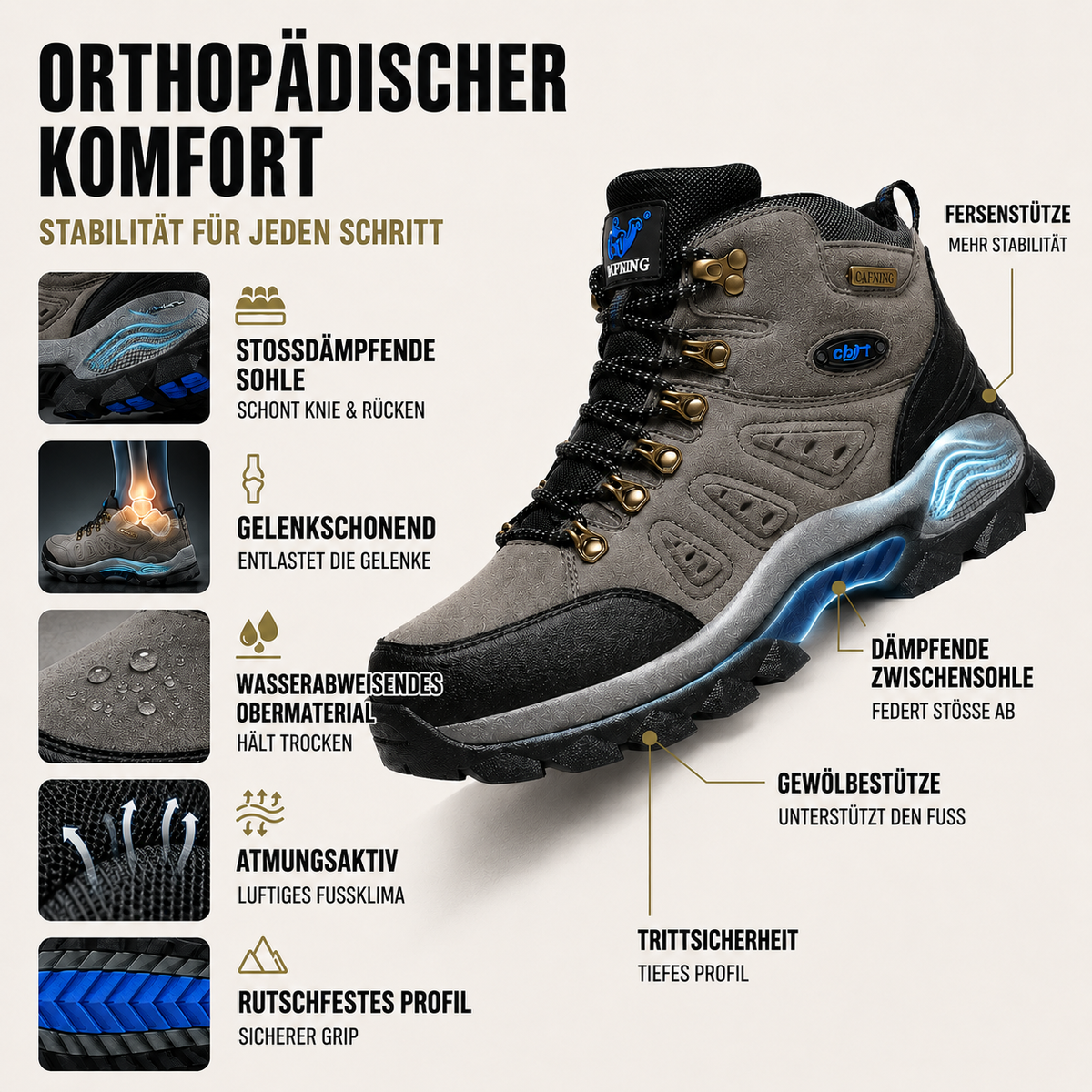 Waterproof Hiking Shoes with Orthopedic Support & Non-Slip Sole for Men & Women | Thomler