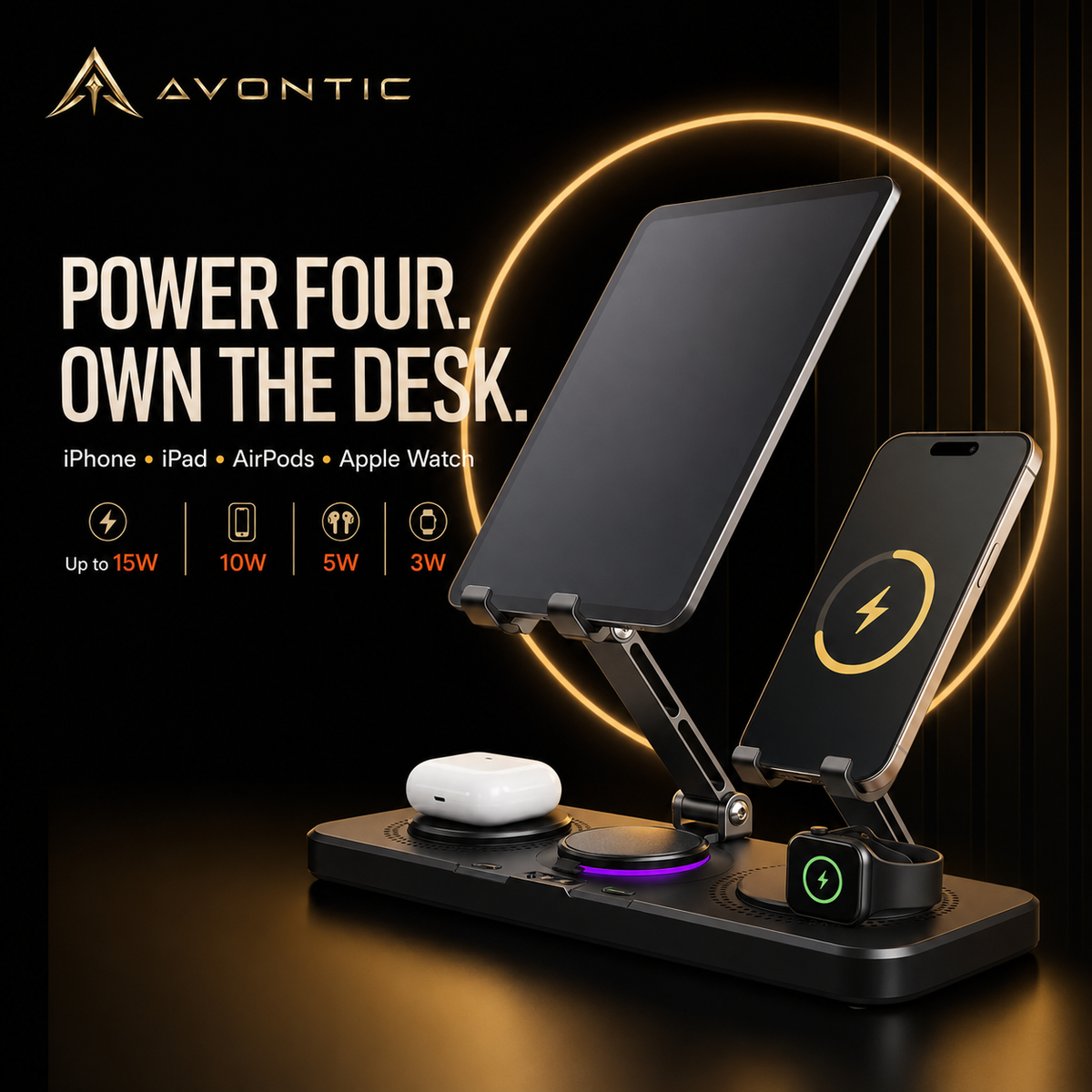 Multi-Device Wireless Charging Station with Adjustable Tablet Holder for Phones, Watches & Earbuds | Thomler