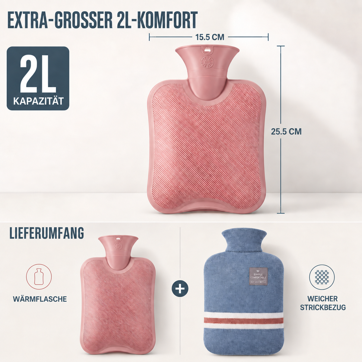 Hot Water Bottle with Knit Cover – 34 fl oz Cozy Heat Therapy for Winter Warmth, Cramps & Muscle Relief | Thomler