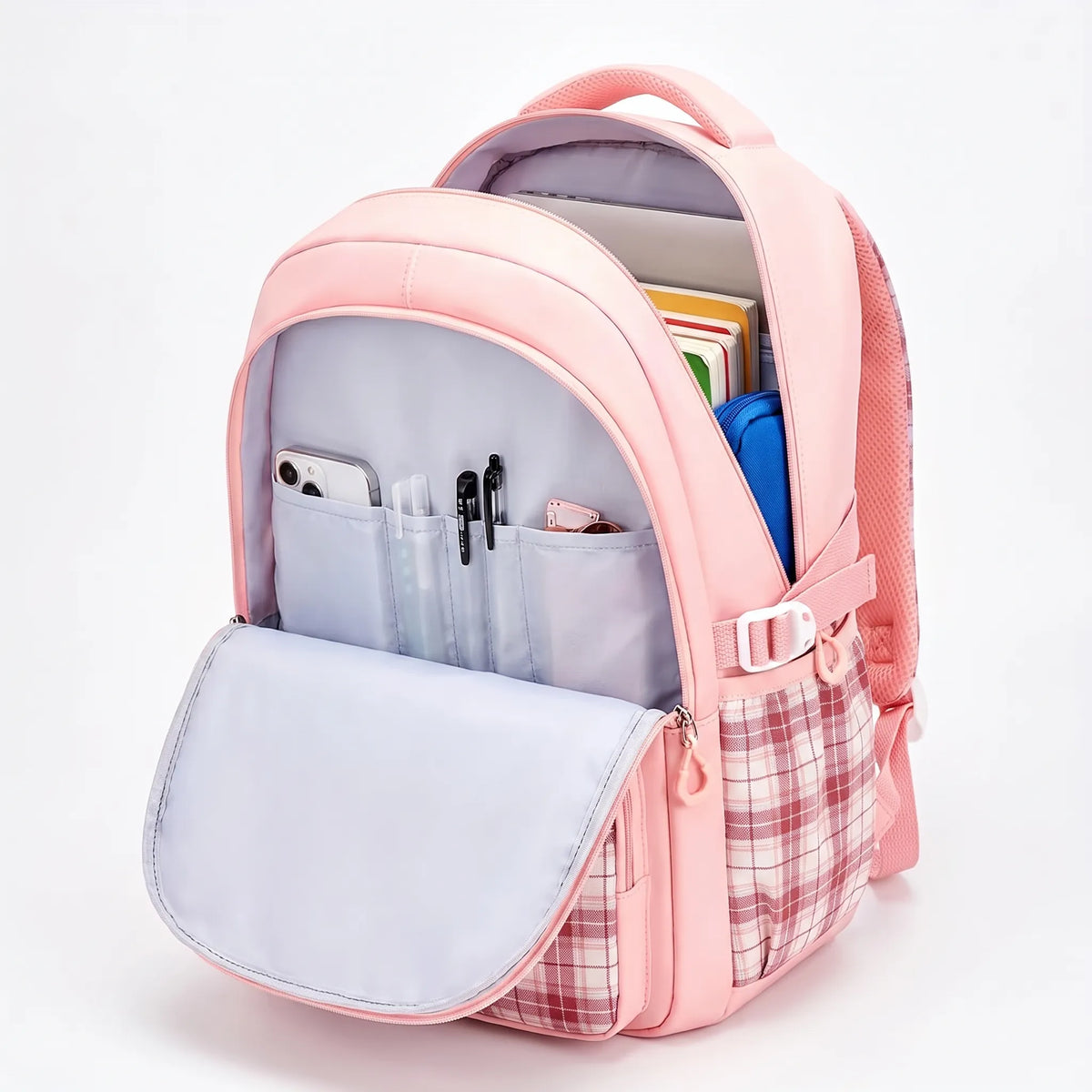 Elementary Student Backpack with Gingham Trim & Padded Straps – Organized Compartments for Books & Supplies | Thomler