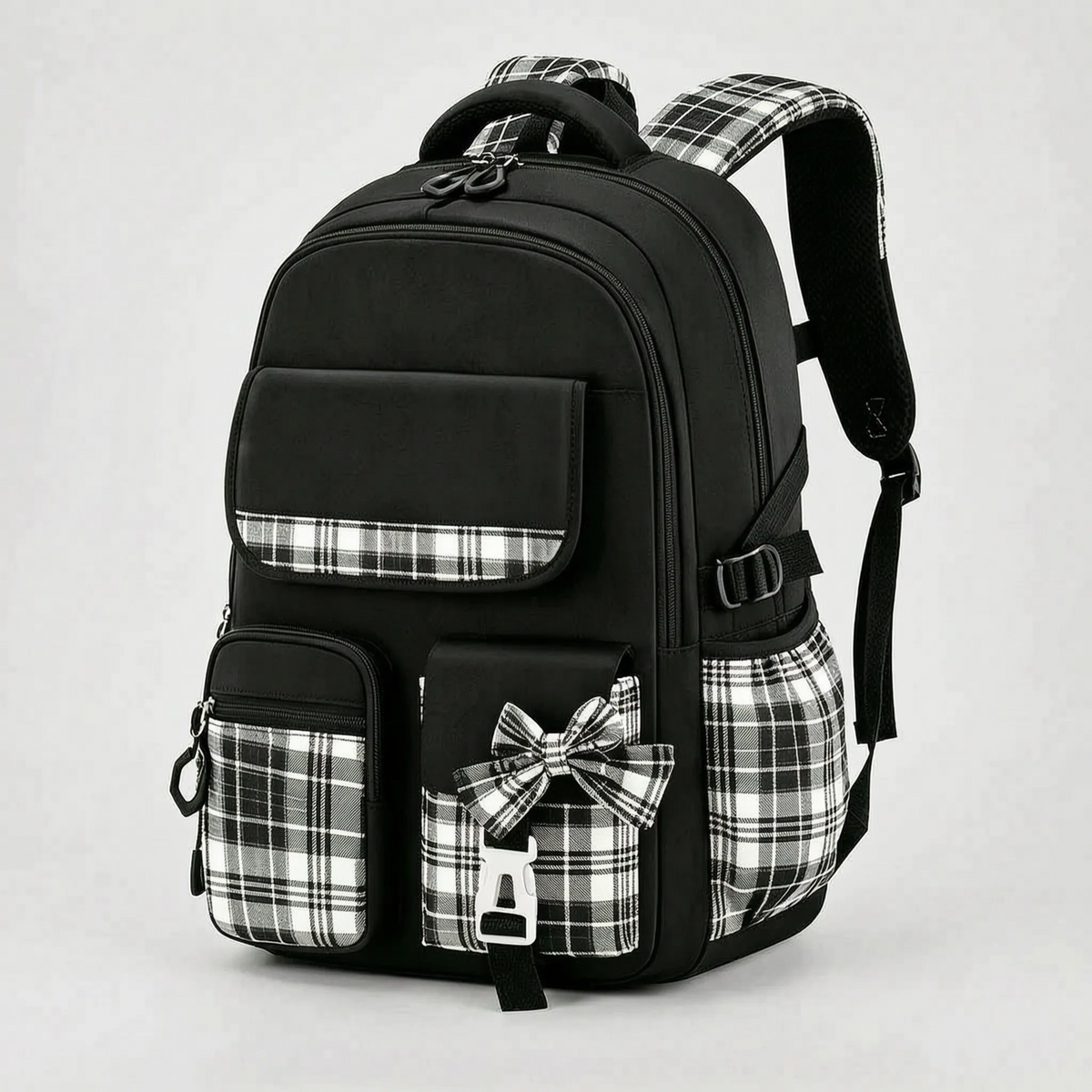 Elementary Student Backpack with Gingham Trim & Padded Straps – Organized Compartments for Books & Supplies | Thomler