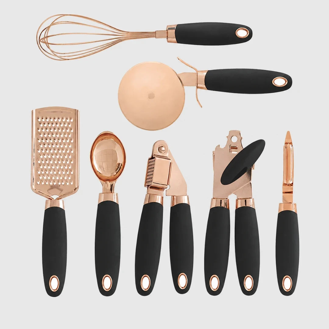 7-Piece Rose Gold Stainless Steel Kitchen Utensil Set with Soft-Grip Handles – Whisk, Pizza Cutter, Grater, Scoop, Garlic Press, Can | Thomler