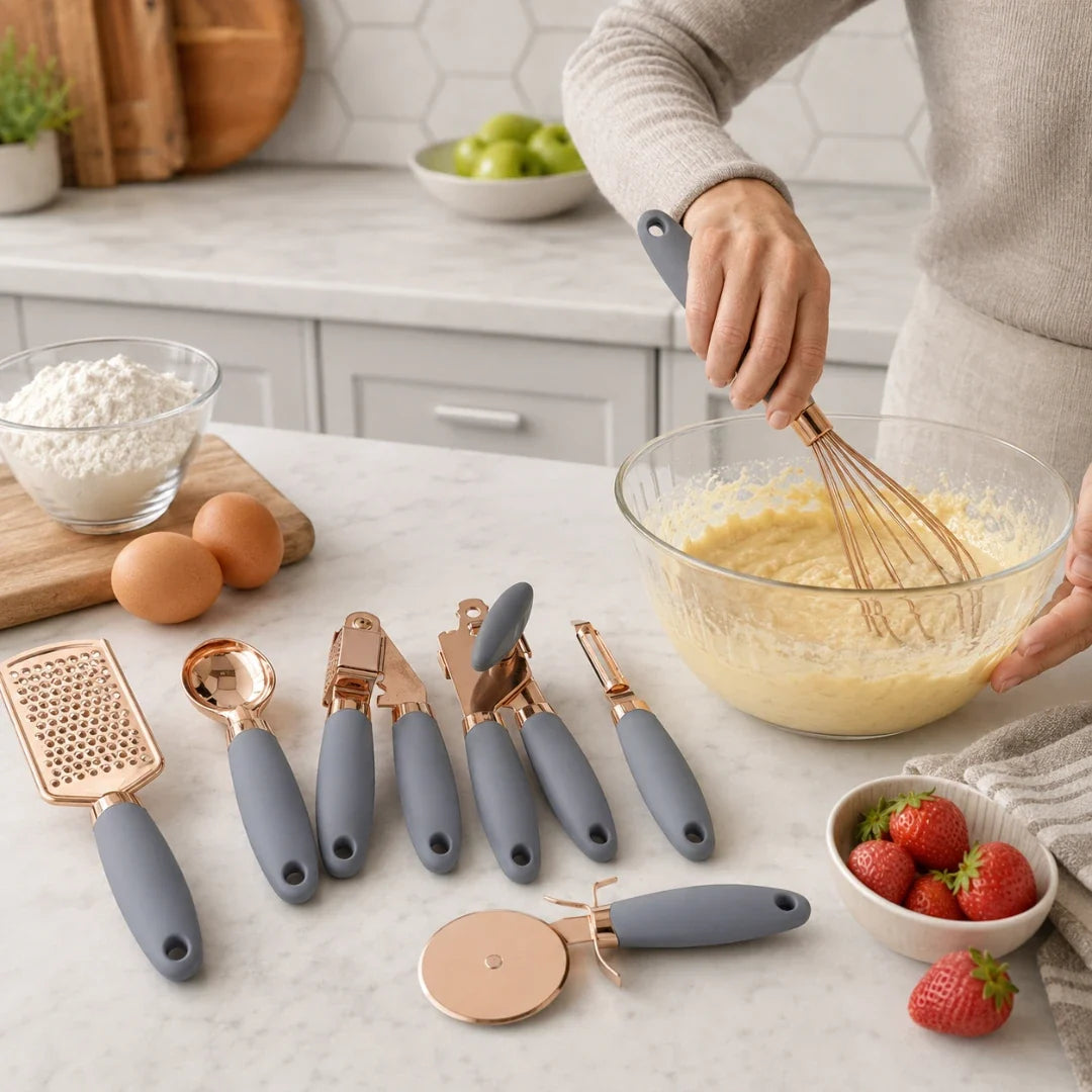 7-Piece Rose Gold Stainless Steel Kitchen Utensil Set with Soft-Grip Handles – Whisk, Pizza Cutter, Grater, Scoop, Garlic Press, Can | Thomler