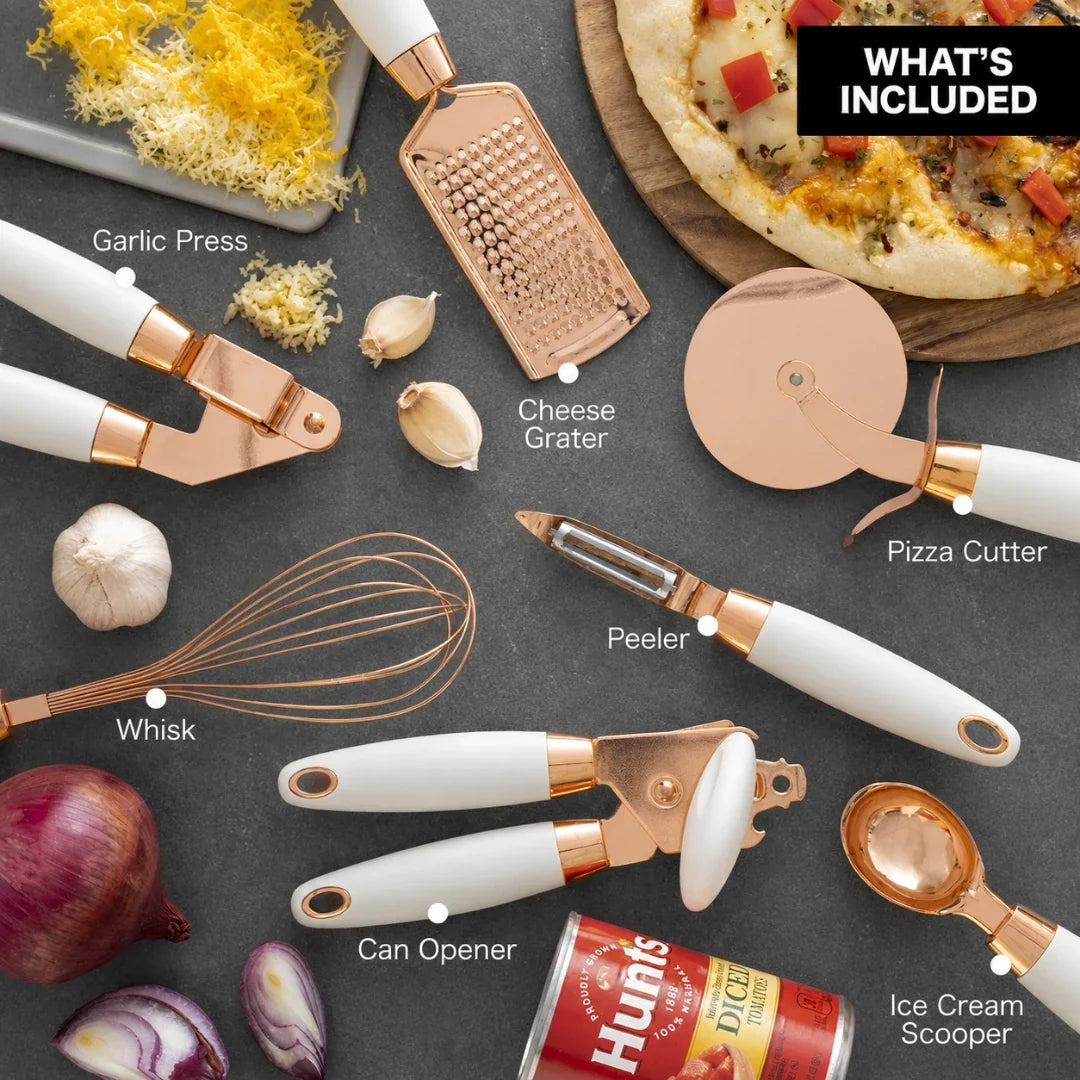 7-Piece Rose Gold Stainless Steel Kitchen Utensil Set with Soft-Grip Handles – Whisk, Pizza Cutter, Grater, Scoop, Garlic Press, Can | Thomler