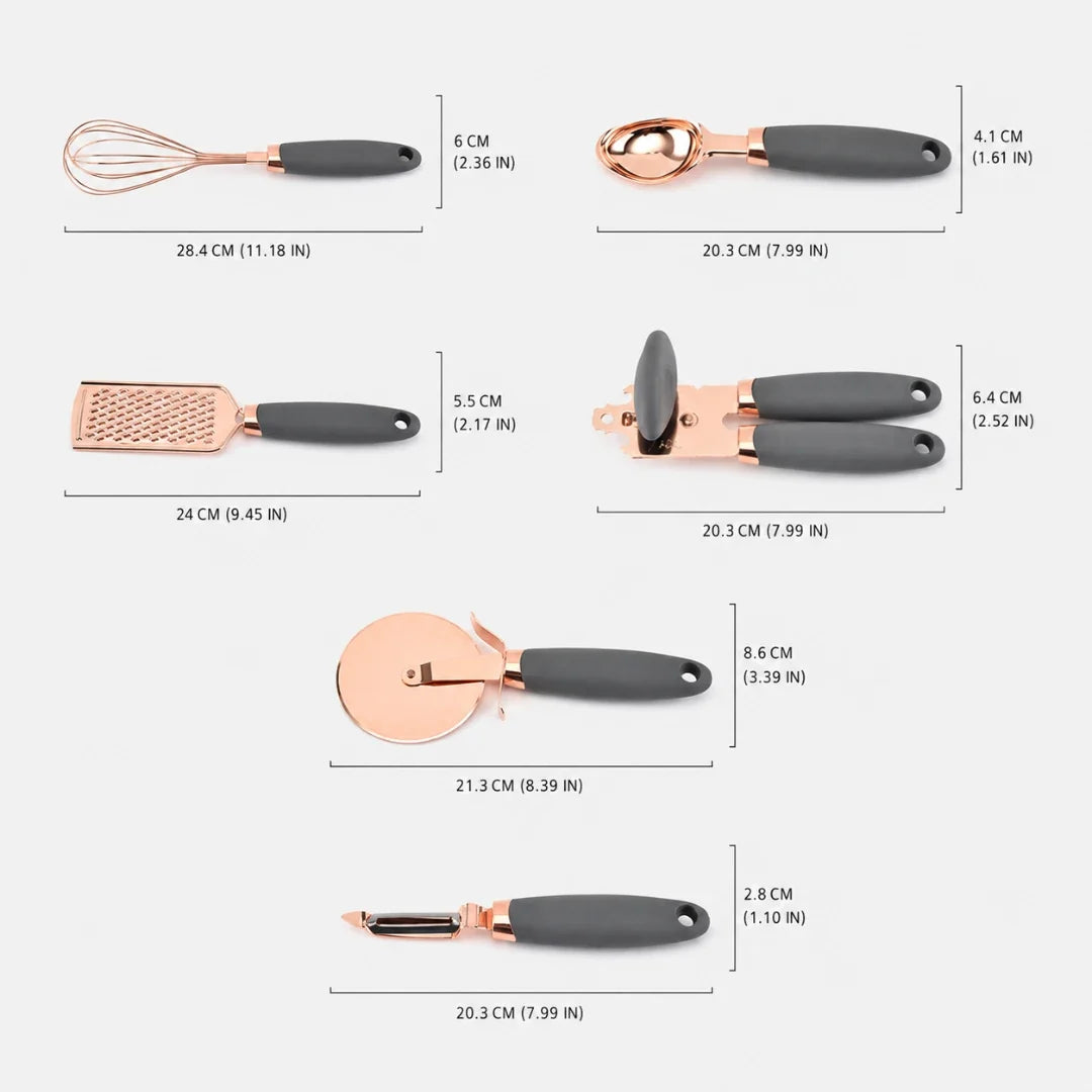7-Piece Rose Gold Stainless Steel Kitchen Utensil Set with Soft-Grip Handles – Whisk, Pizza Cutter, Grater, Scoop, Garlic Press, Can | Thomler