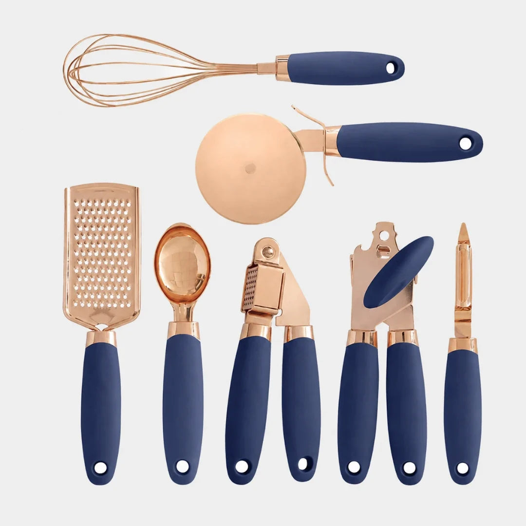 7-Piece Rose Gold Stainless Steel Kitchen Utensil Set with Soft-Grip Handles – Whisk, Pizza Cutter, Grater, Scoop, Garlic Press, Can | Thomler