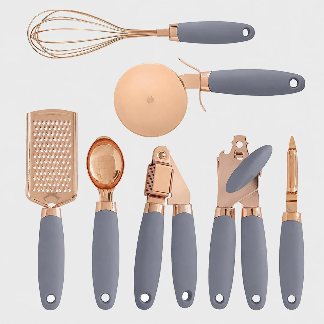 7-Piece Rose Gold Stainless Steel Kitchen Utensil Set with Soft-Grip Handles – Whisk, Pizza Cutter, Grater, Scoop, Garlic Press, Can | Thomler