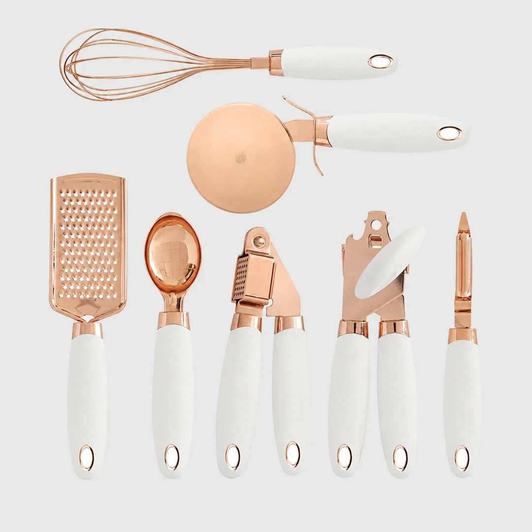 7-Piece Rose Gold Stainless Steel Kitchen Utensil Set with Soft-Grip Handles – Whisk, Pizza Cutter, Grater, Scoop, Garlic Press, Can | Thomler
