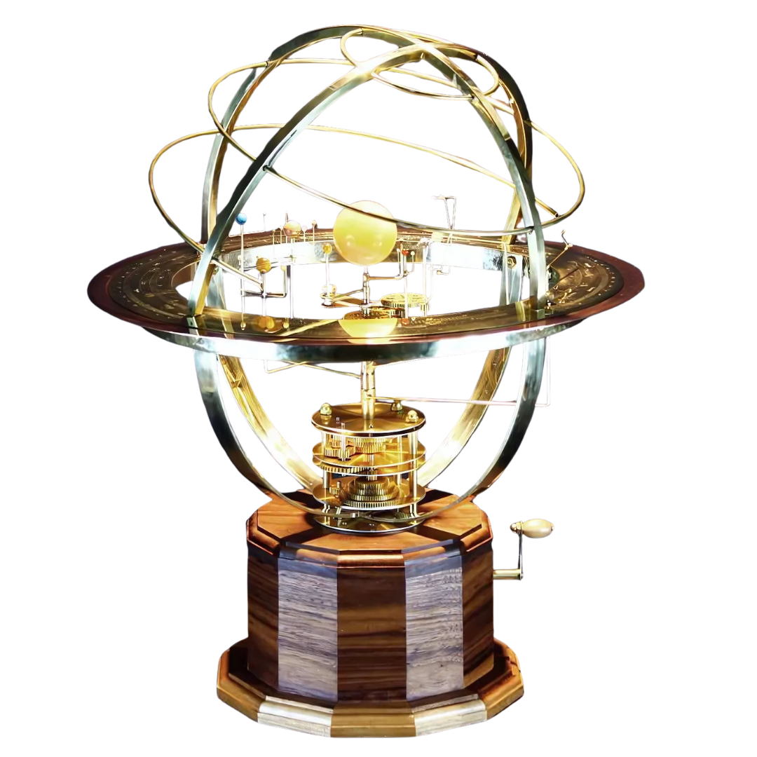Brass Mechanical Solar System Model with Gemstone Planets & Moons Oak Base Moving Orbit Desk Orrery Educational Science Display Home Decor | Thomler