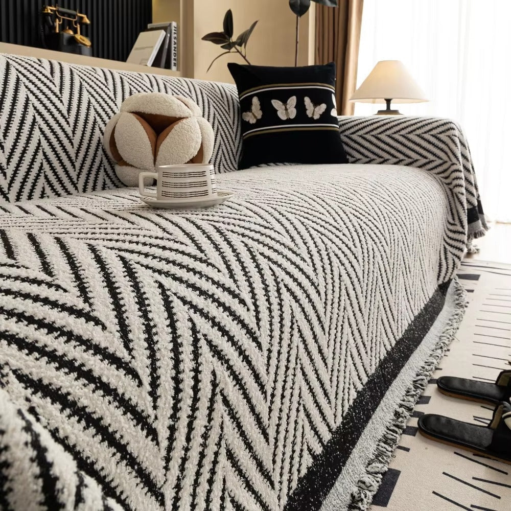 Textured Throw Blanket with Fringe Trim for Sofa | Modern Chevron Weave Furniture Protector & Decorative Accent | Thomler