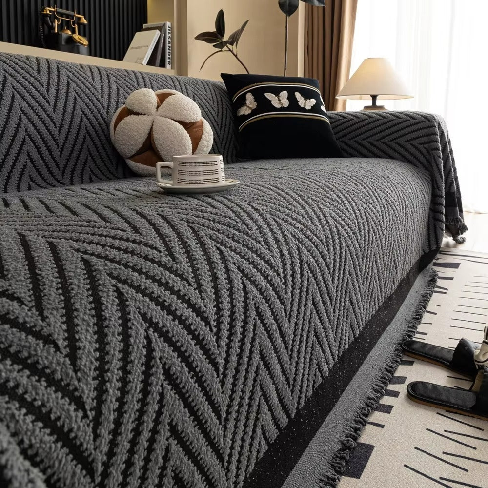Textured Throw Blanket with Fringe Trim for Sofa | Modern Chevron Weave Furniture Protector & Decorative Accent | Thomler