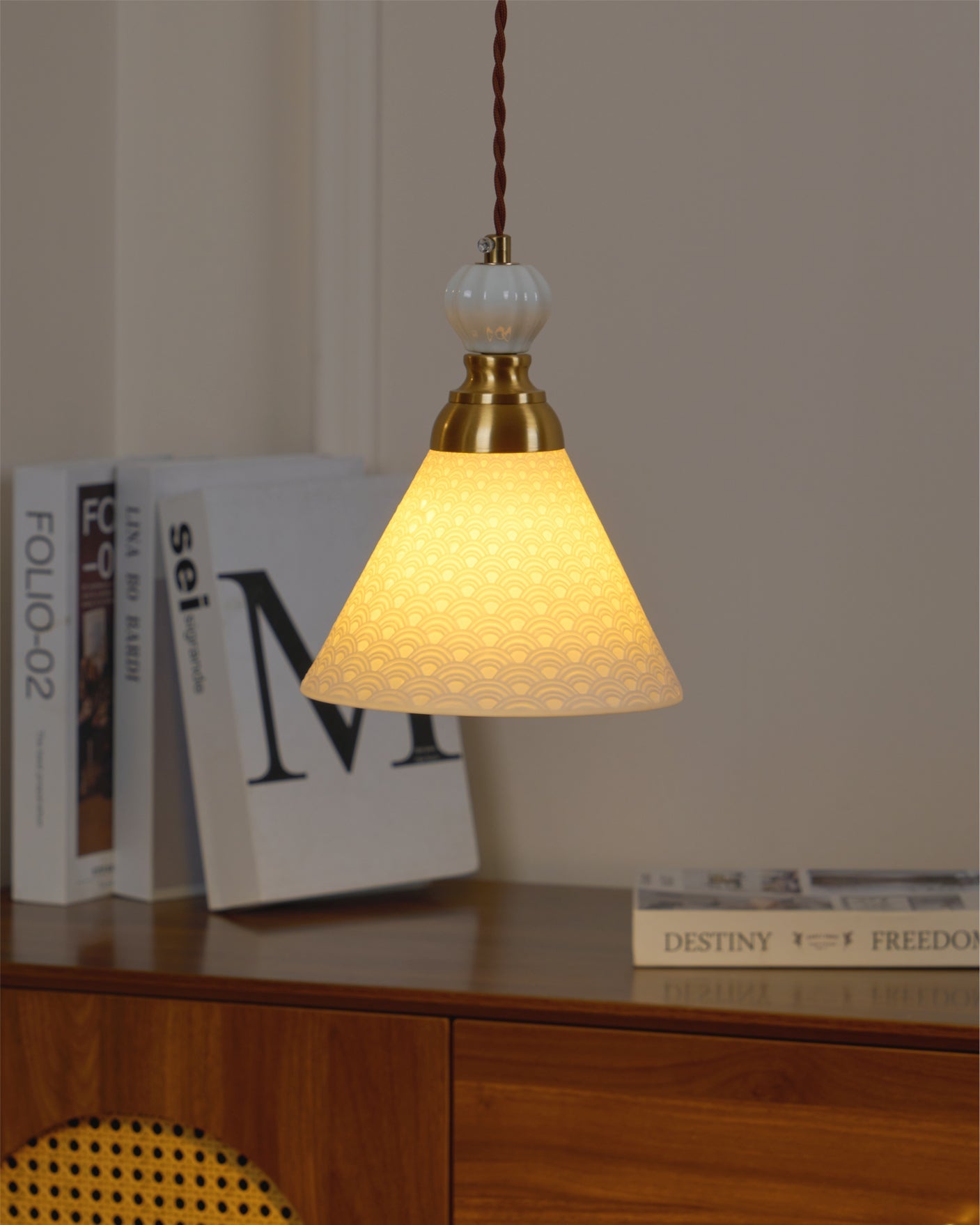 Pendant Lamp Ceramic 9.4 in White Indoor Ceiling Light Adjustable Brass Accents Modern Dining Room Kitchen Lighting | Thomler