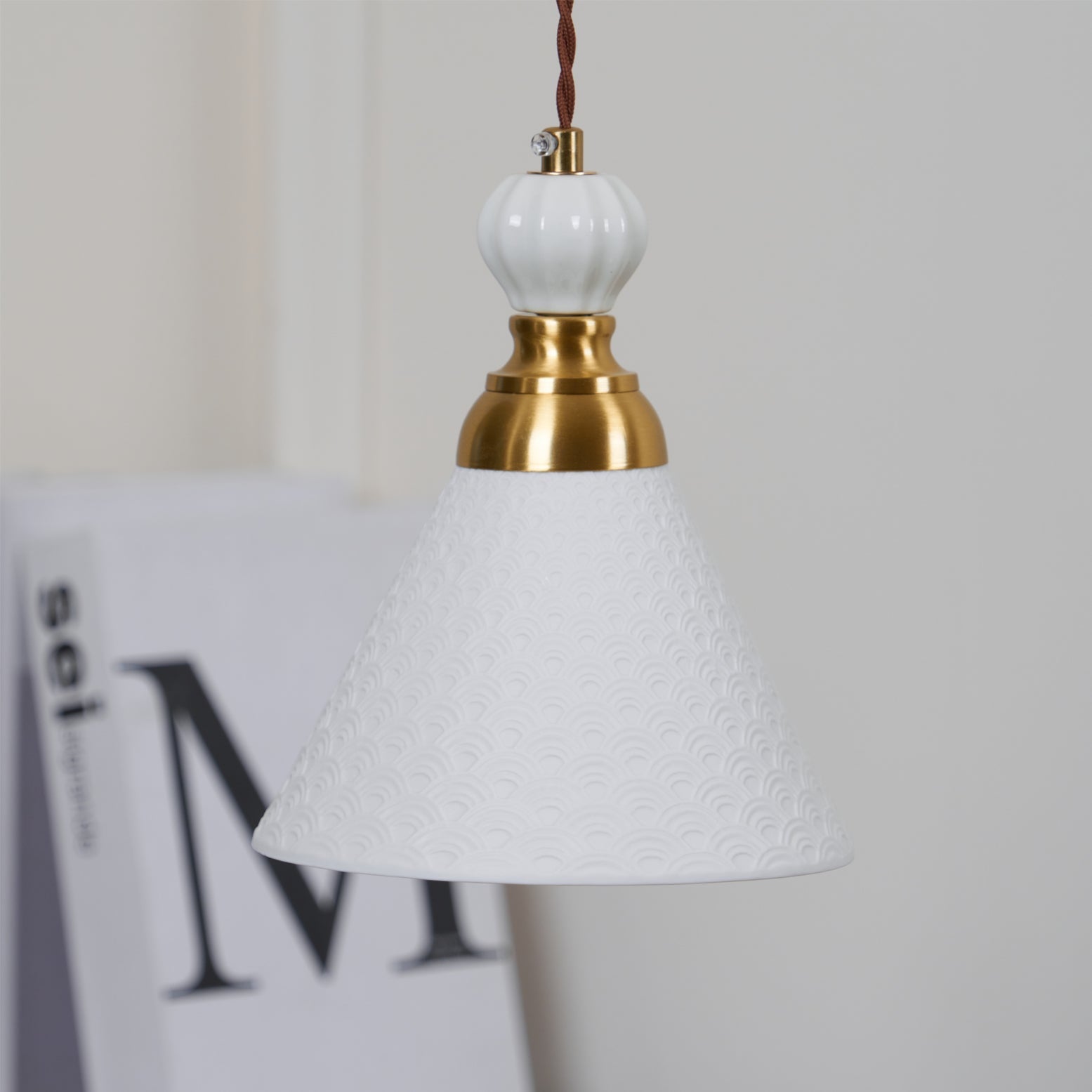 Pendant Lamp Ceramic 9.4 in White Indoor Ceiling Light Adjustable Brass Accents Modern Dining Room Kitchen Lighting | Thomler