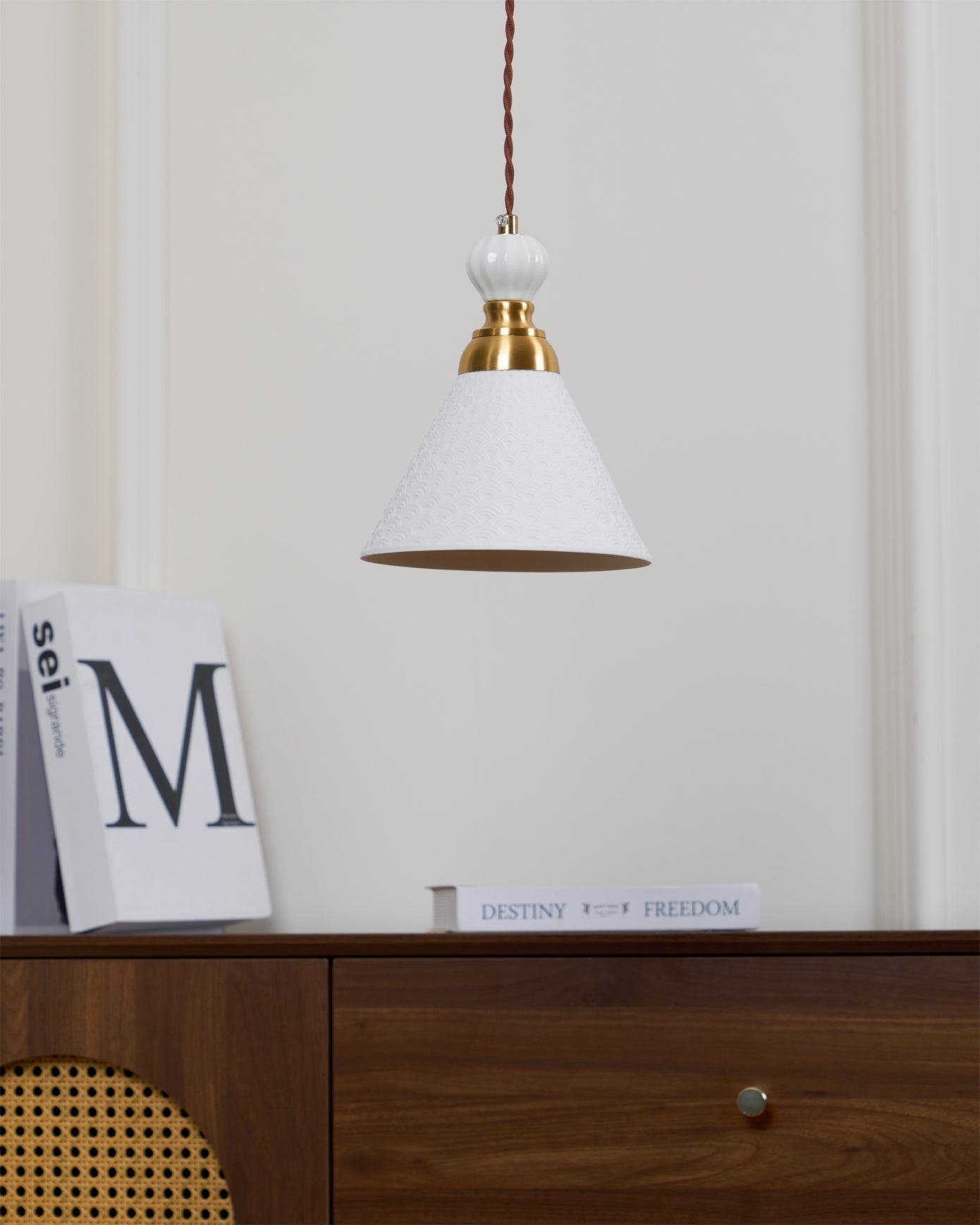 Pendant Lamp Ceramic 9.4 in White Indoor Ceiling Light Adjustable Brass Accents Modern Dining Room Kitchen Lighting | Thomler