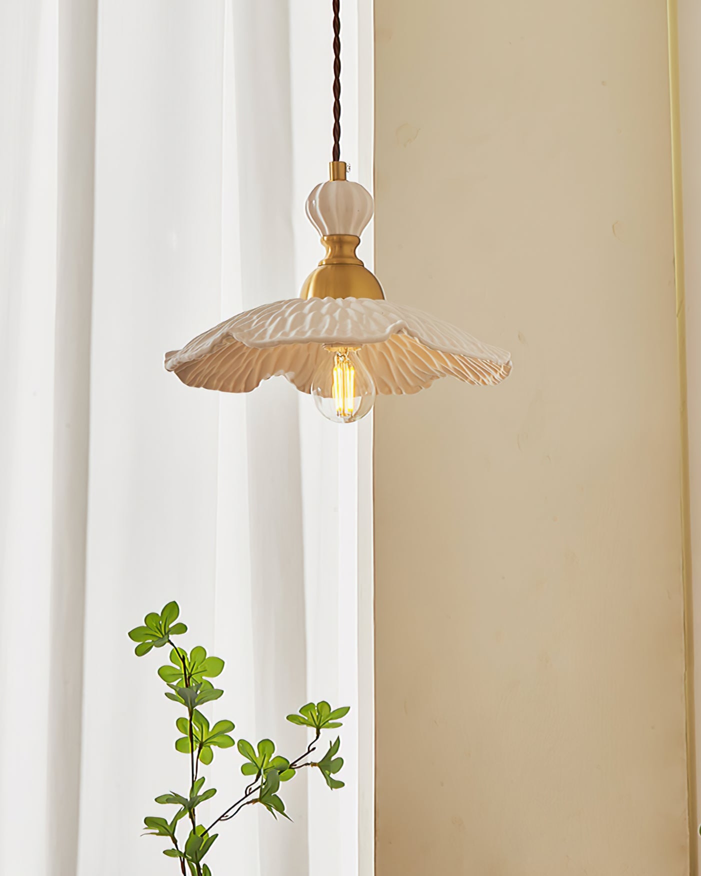 Pendant Lamp Ceramic 9.4 in White Indoor Ceiling Light Adjustable Brass Accents Modern Dining Room Kitchen Lighting | Thomler