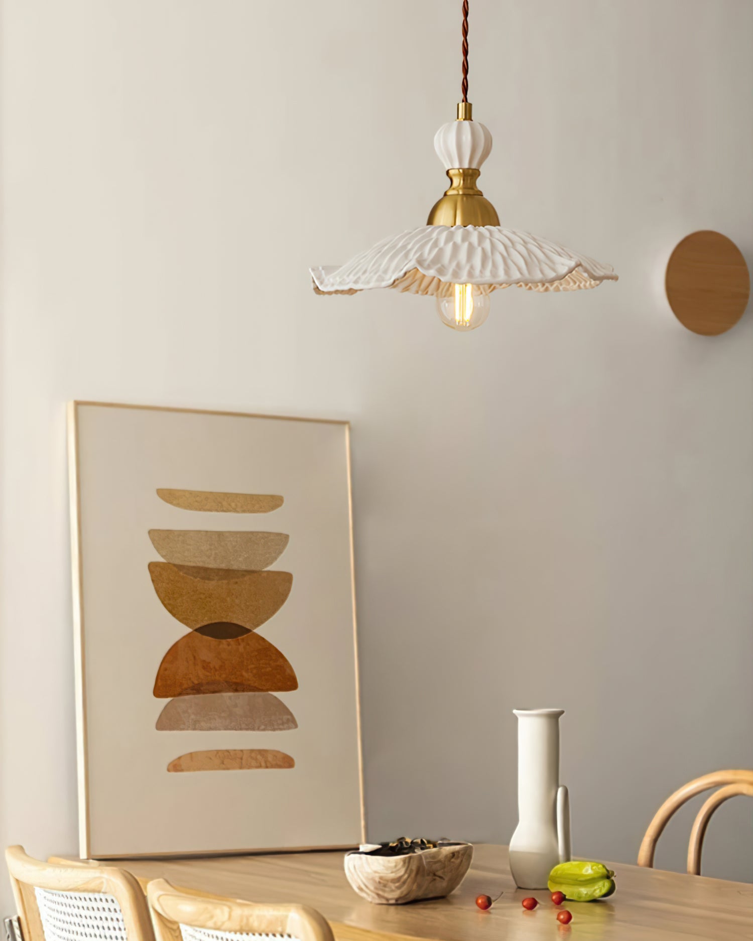 Pendant Lamp Ceramic 9.4 in White Indoor Ceiling Light Adjustable Brass Accents Modern Dining Room Kitchen Lighting | Thomler