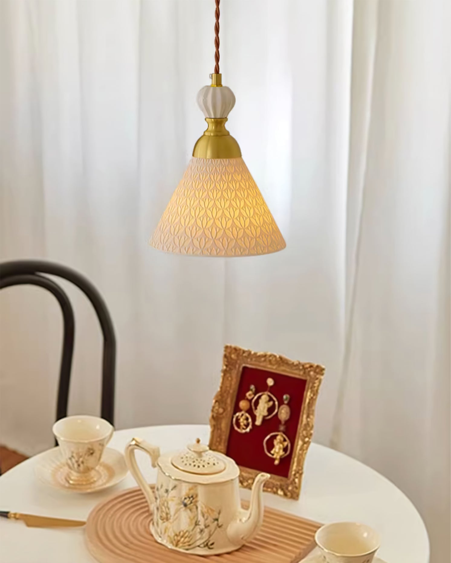 Pendant Lamp Ceramic 9.4 in White Indoor Ceiling Light Adjustable Brass Accents Modern Dining Room Kitchen Lighting | Thomler