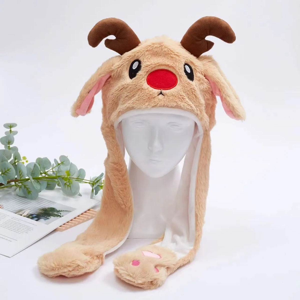 Plush Hat with Pop-Up Ears for Kids & Adults – Interactive Cosplay Beanie with Squeeze Paws | Fun Winter Accessory for Parties, Christmas | Thomler