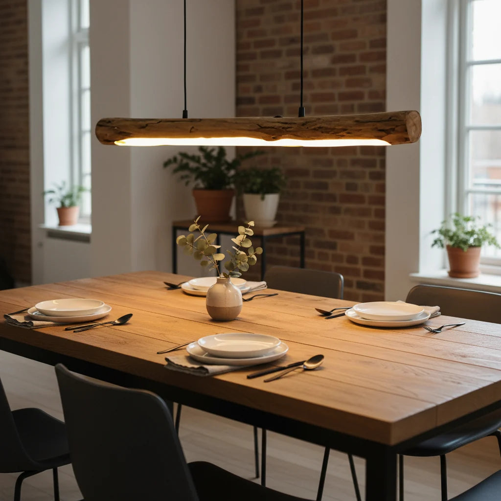 Dimmable Wood Pendant Light 31.5" Long Linear Ceiling Fixture Natural Grain Black Metal 1920 Lumen LED Warm White 3000K Adjustable Height | Thomler