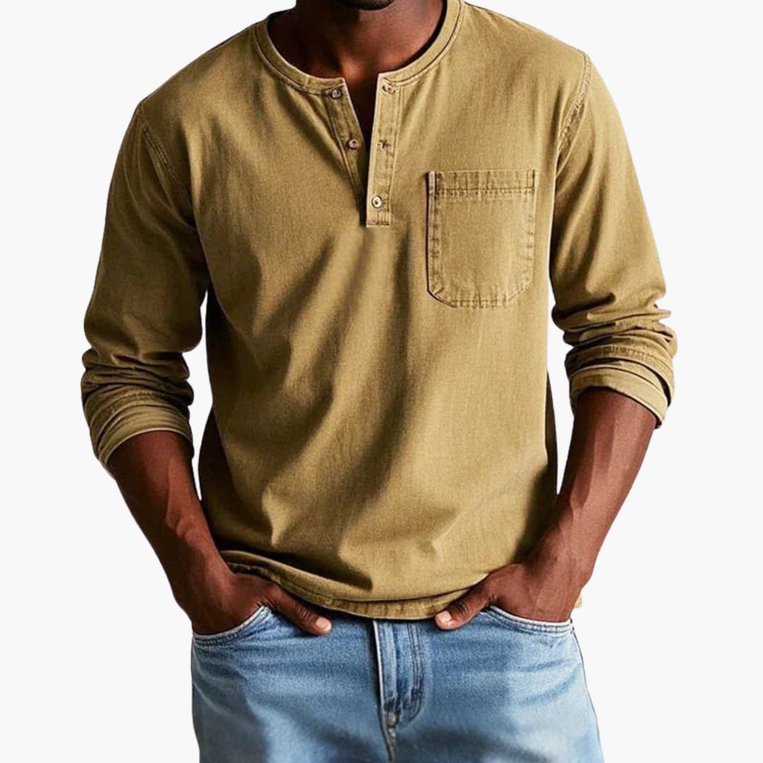 Men's Button-Front Pullover with Pocket – Comfortable Cotton-Blend Long-Sleeve Shirt for Casual Everyday Wear, Pairs with Jeans | Thomler