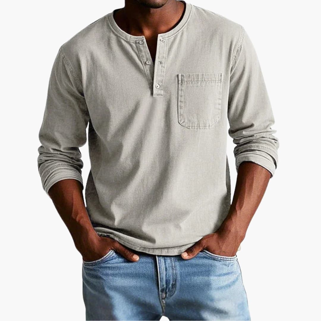 Men's Button-Front Pullover with Pocket – Comfortable Cotton-Blend Long-Sleeve Shirt for Casual Everyday Wear, Pairs with Jeans | Thomler