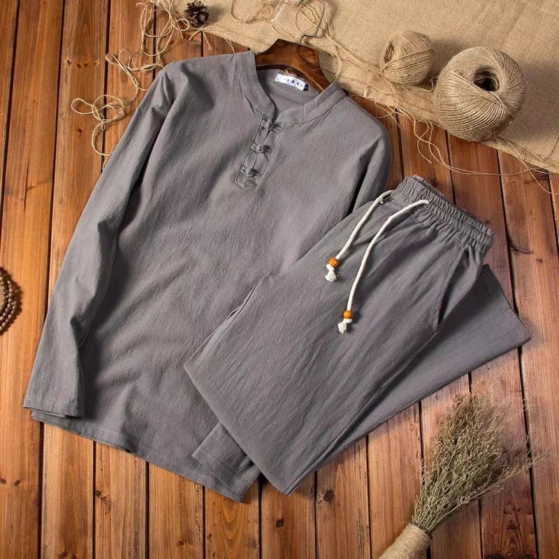 Men's Casual Coordinate Set – Mandarin Collar Top & Elastic Waist Pants – Relaxed Fit Loungewear | Thomler