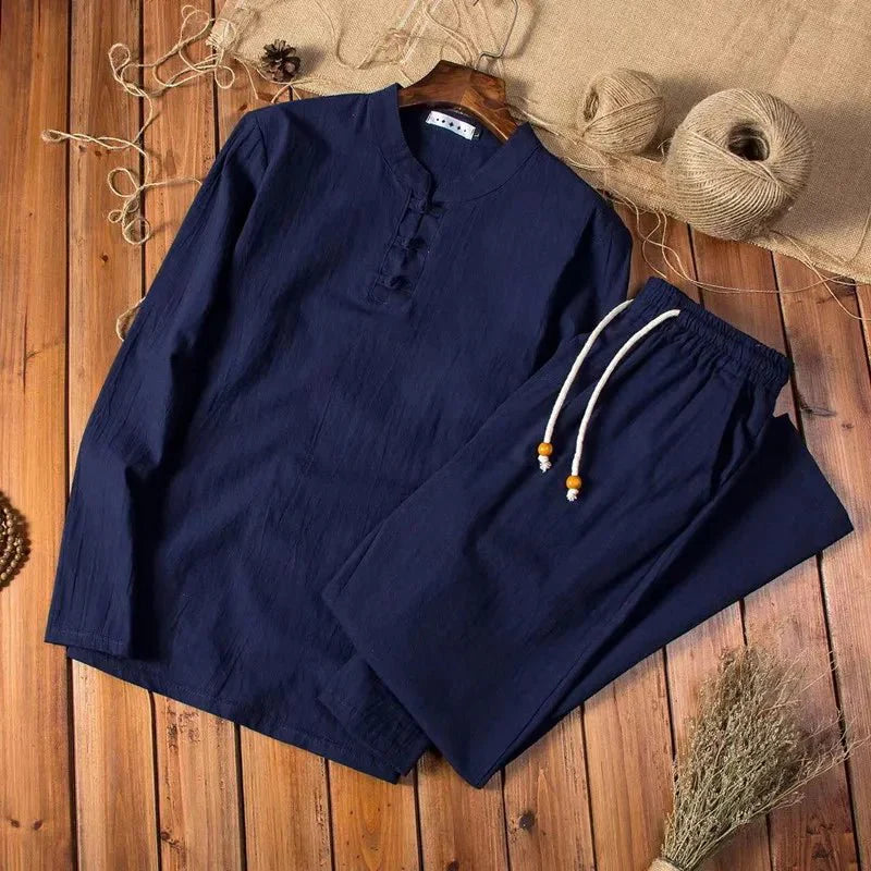 Men's Casual Coordinate Set – Mandarin Collar Top & Elastic Waist Pants – Relaxed Fit Loungewear | Thomler