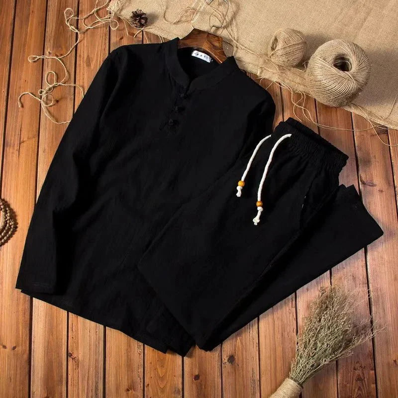 Men's Casual Coordinate Set – Mandarin Collar Top & Elastic Waist Pants – Relaxed Fit Loungewear | Thomler